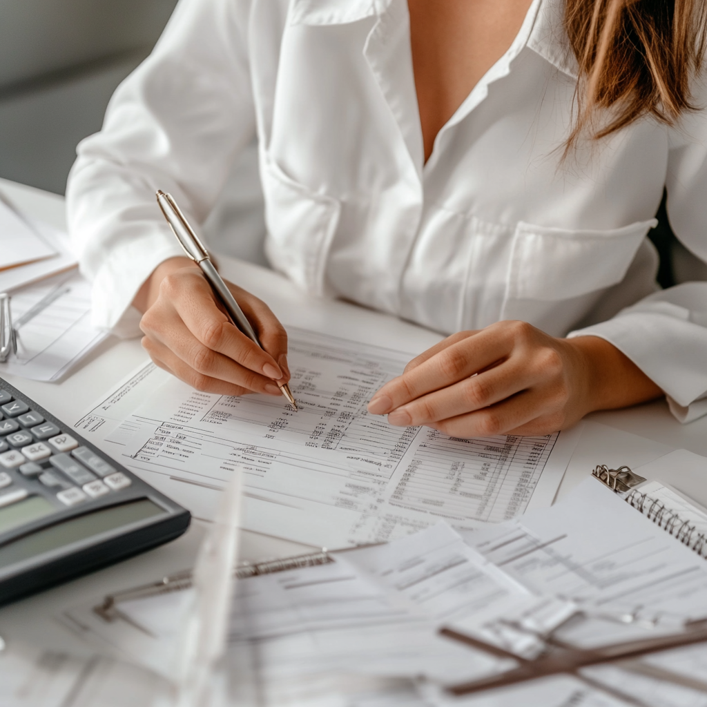 Person in white shirt working at desk with paperwork, a calculator, and binder clips.