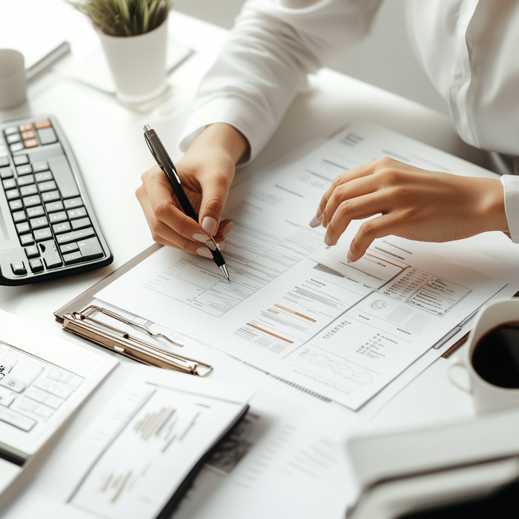 Person reviewing and analyzing financial documents on a white desk with a keyboard, calculator, clipboard, and a cup of coffee.