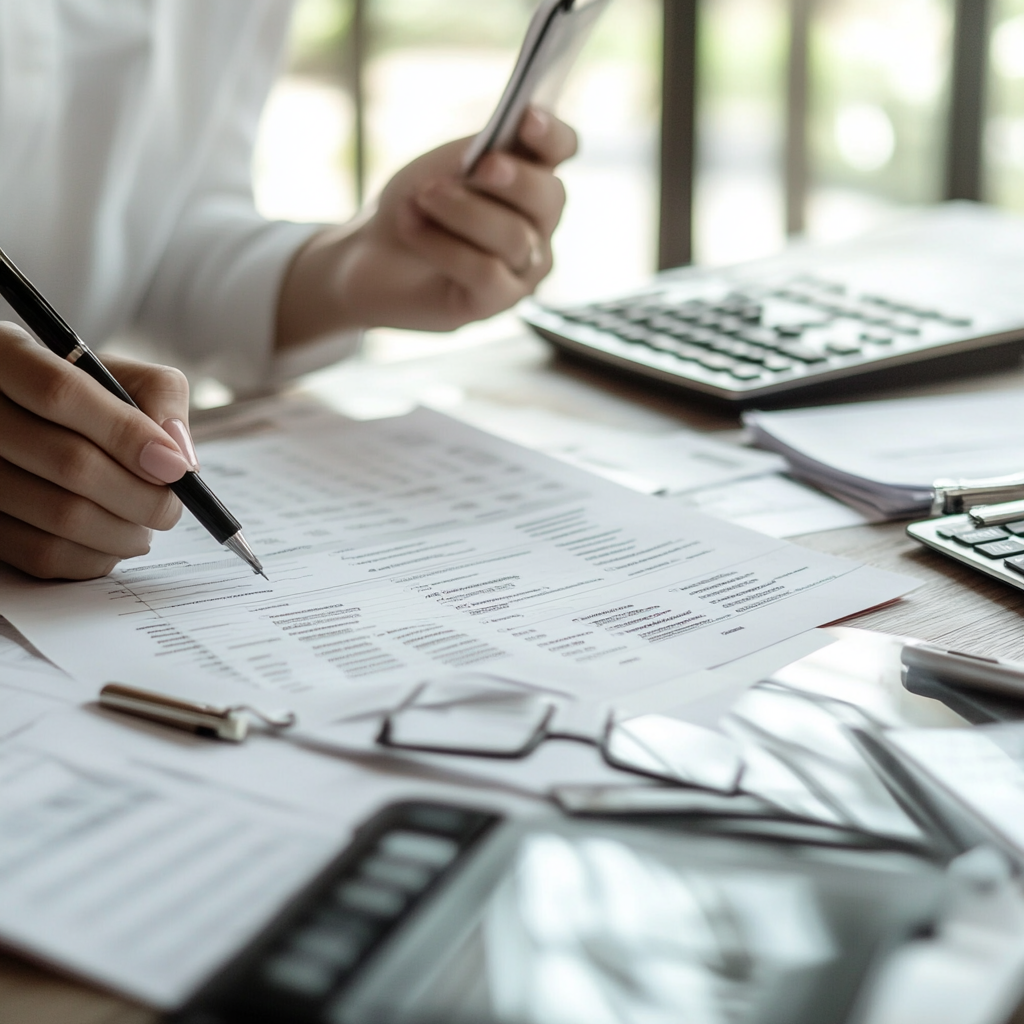 Person working at a desk, writing on documents with a pen, surrounded by a calculator, glasses, and paper files, with a window in the background.