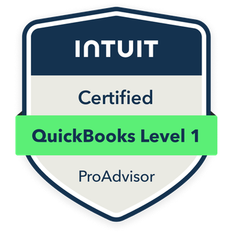 Badge with INTUIT logo, labeled 'Certified' and 'ProAdvisor,' and a green banner reading 'QuickBooks Level 1'.