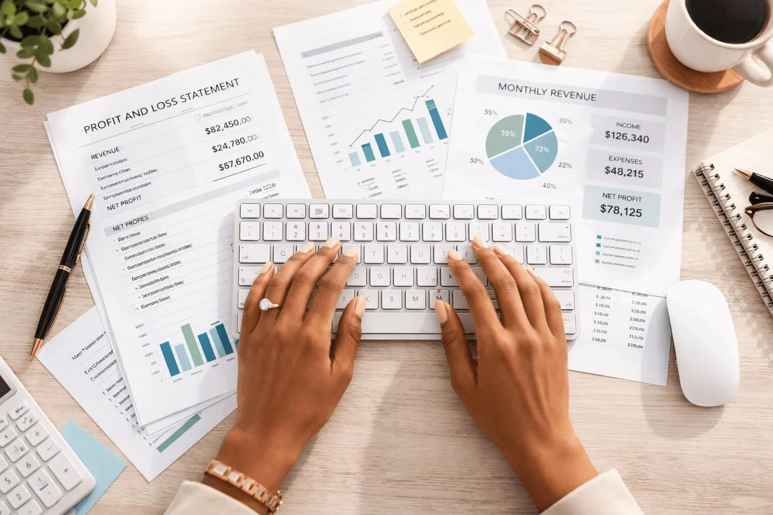 A person typing on a white keyboard surrounded by financial documents, a chart, a graph, a cup of coffee, a notepad, and office supplies on a desk.