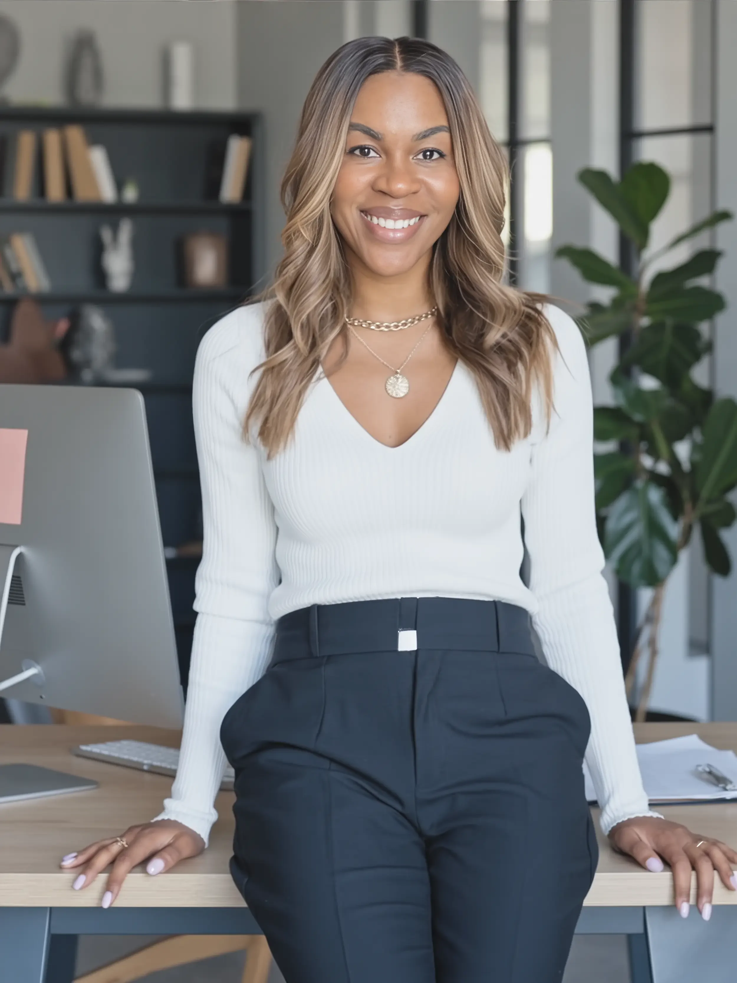 A professional woman in a white ribbed top and black high-waisted pants sitting at a desk in a modern office space, smiling at the camera. Behind her are bookshelves with books and decorative items, along with a large green plant and large windows letting in natural light.