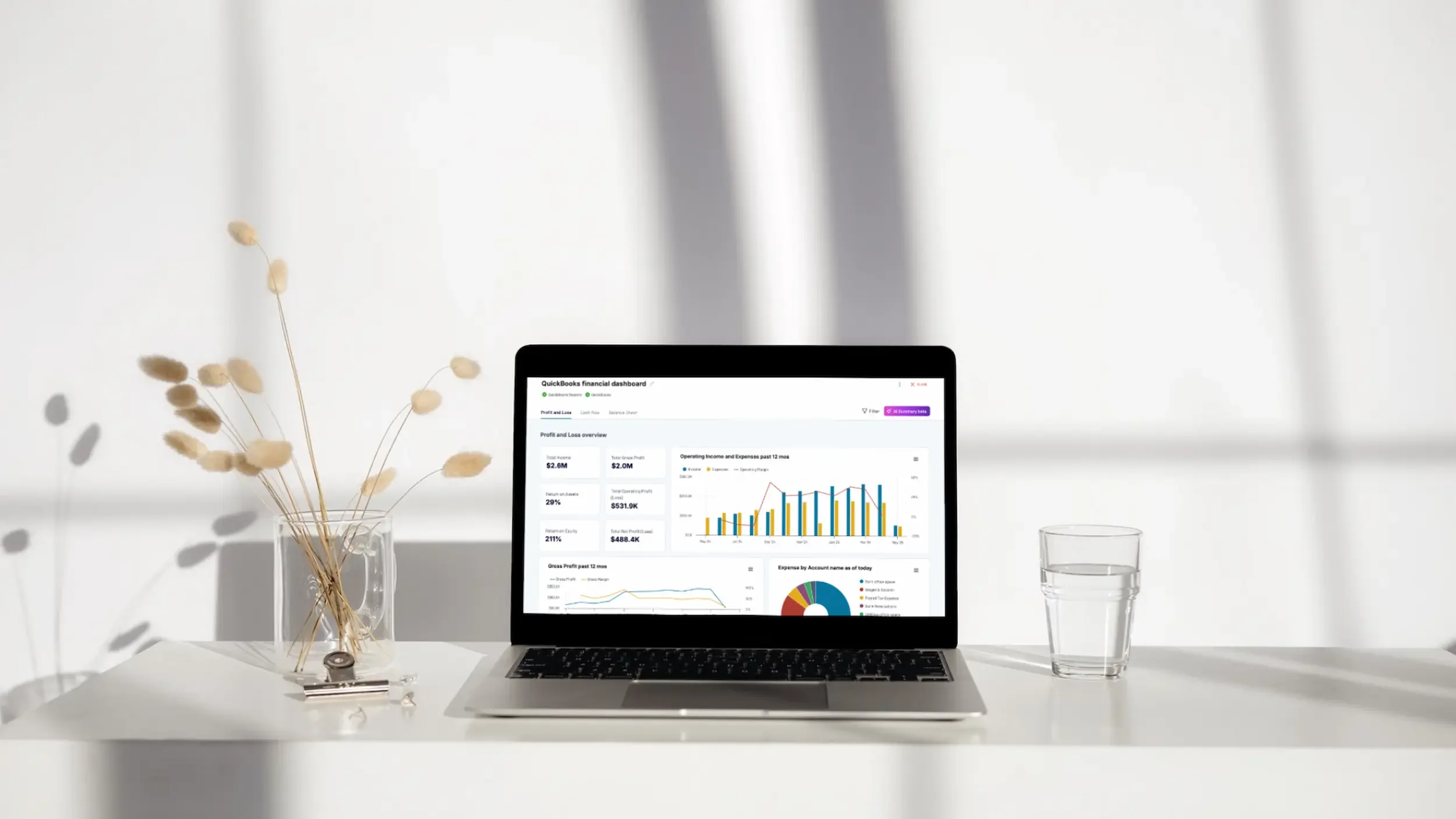 A laptop on a white desk displaying financial data and graphs, with a glass of water and a clear vase with dried plants nearby, and a white wall with shadows in the background.