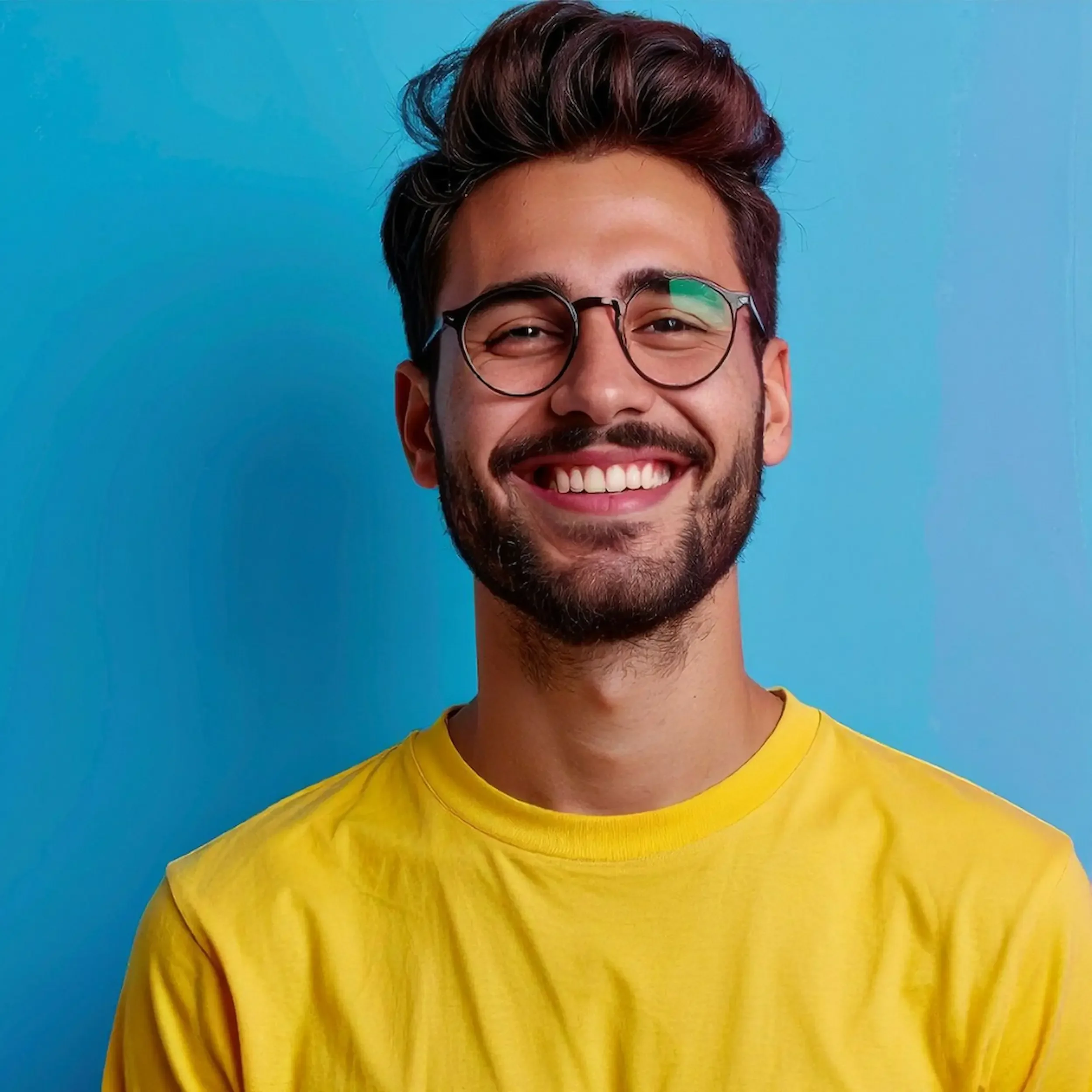 Smiling young man with glasses, a beard, and styled hair, wearing a yellow t-shirt, standing against a blue background.