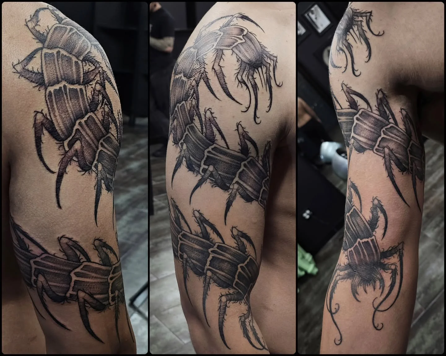 Wrap around centipede - half healed, half fresh ✨️

#artistsoninstagram #art #tattoo #tattooartist #tattoooftheday #blackandgreyattoo #centipede #creature #darkart