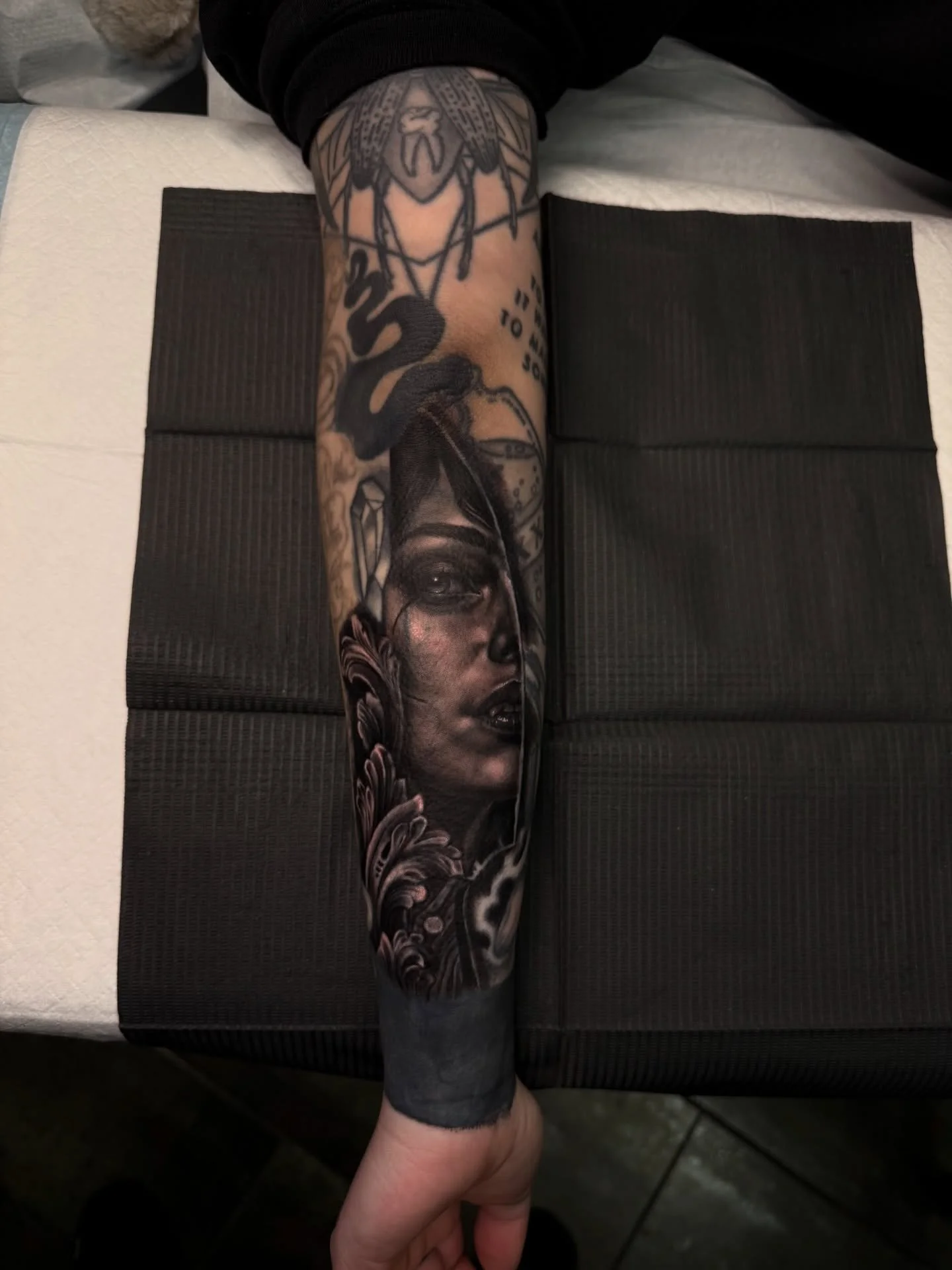 I got to tattoo my love 🖤 @vampy.vix this was a fun start to a cover up project on her lower arm. Swipe to see the befores ➡️➡️➡️