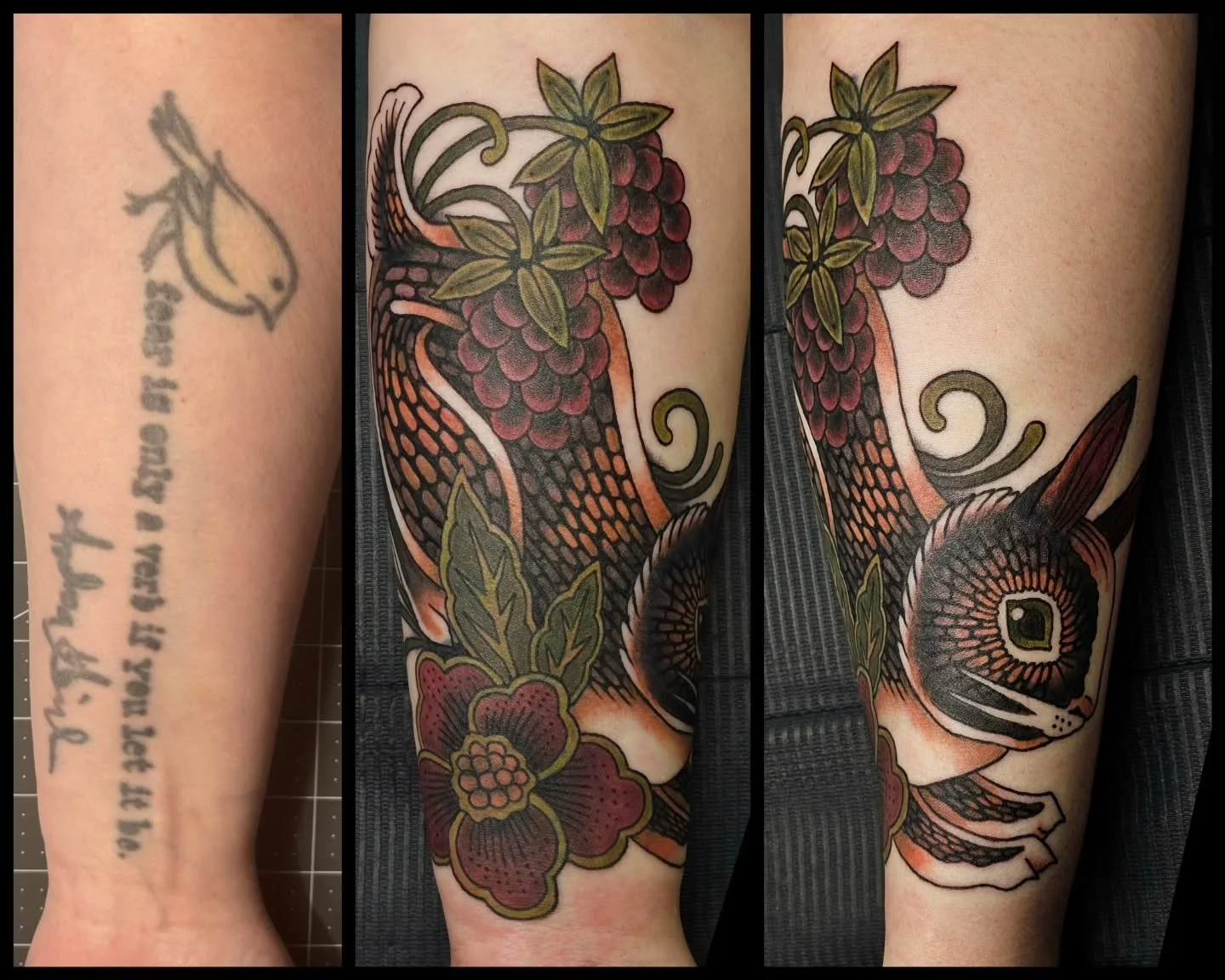 Folky cover up 🐇🍓🌿
Loved trying this style!

#tattoo #tattoooftheday #rabbit #folkart #tattoocoverup