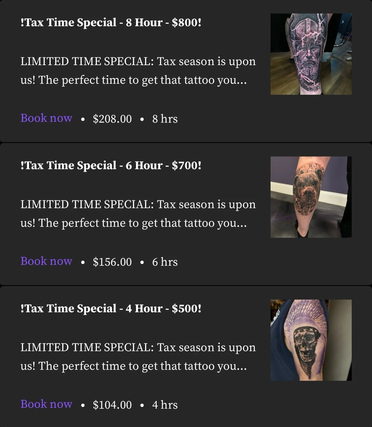 My tax time deals are now live on the website! All appointments booked before April 1st will receive this discount regardless of the date you pick! Now is the perfect time to book that tattoo you&rsquo;ve been thinking about getting, but act fast, th
