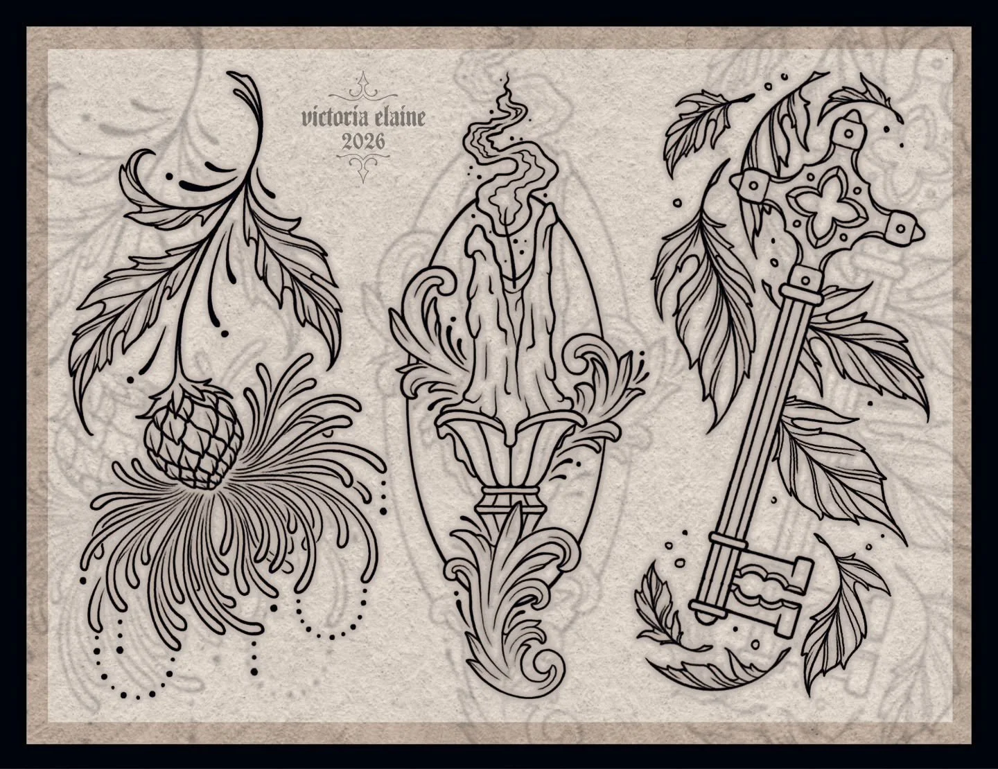 New flash available 🥀🕯🗝🍂
Minimum 6" tall, black &amp; grey $250, color $300
Booking link in bio 🖤

#tattoo #tattooartist #tattooart #tattooflash #art