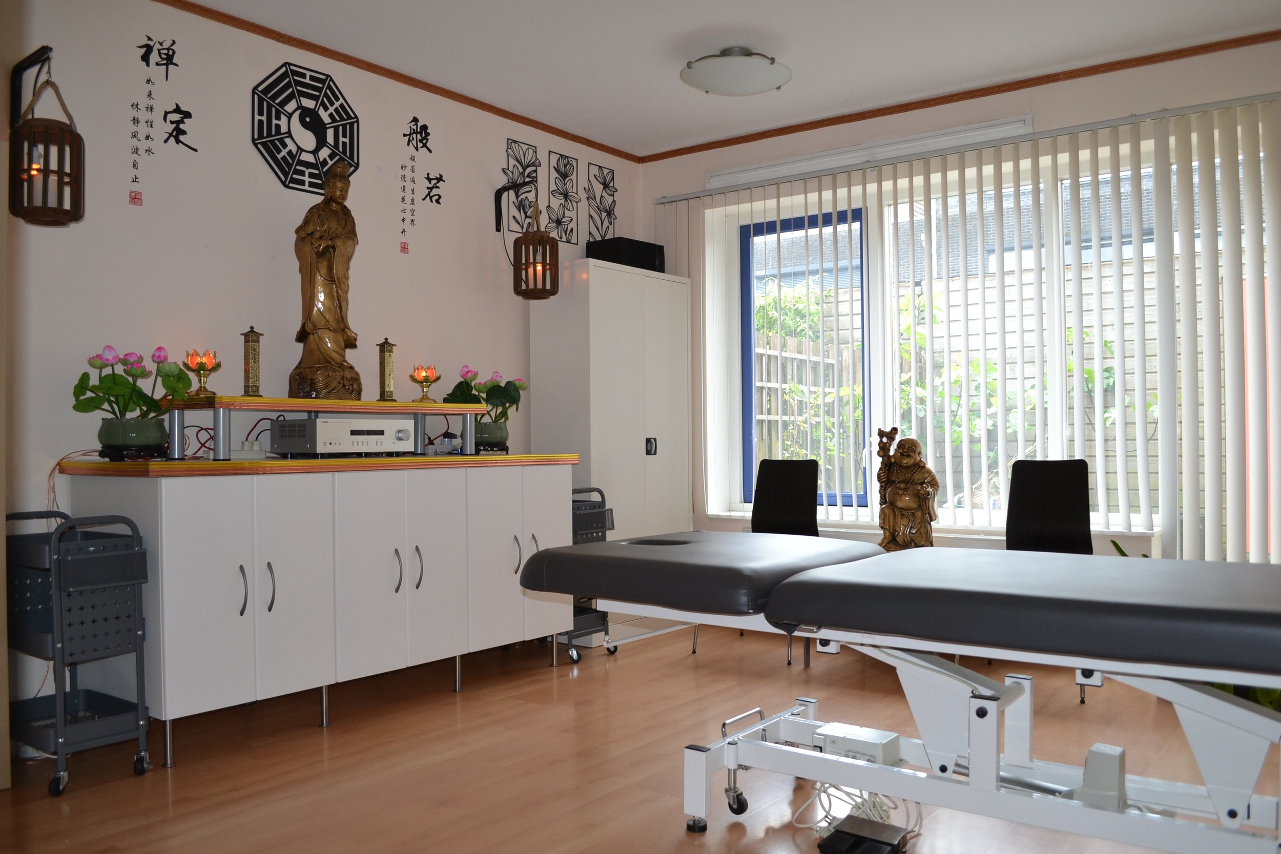 Grote kamer met een massagetafel in het midden. Verder zijn er nog buddha beelden te zien