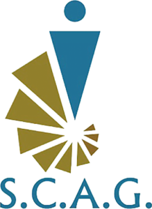 Logo met een blauwe figuur en de letters 'S.C.A.C.'