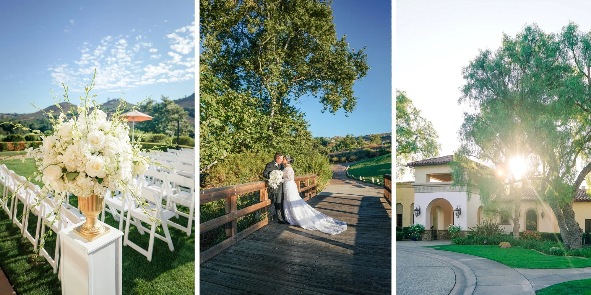 A three-panel image: a floral centerpiece in a gold vase, a bride and groom walking hand-in-hand outdoors, and a close-up of a wedding invitation with rings.