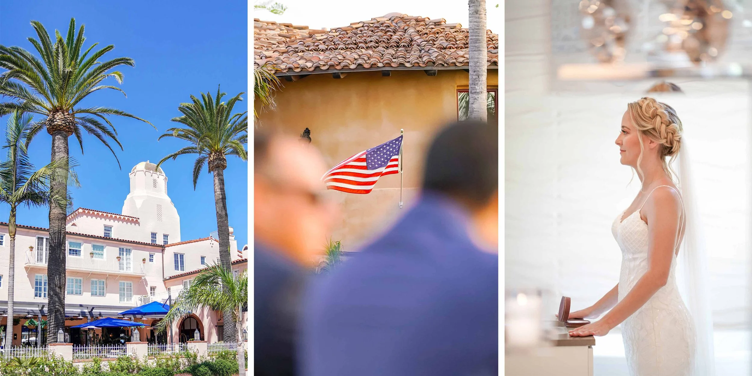 A three-panel image: Hotel La Valencia with palm trees, an American flag on a building with a terracotta roof, and a bride in a white dress.
