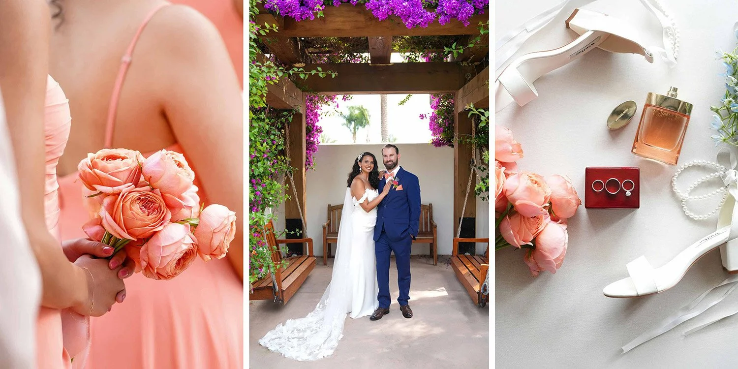 Left photo: A bridesmaid, seen from behind, wears a sleeveless, peach-colored gown. She holds a small, round bouquet of lush, coral-colored David Austin roses.
Center photo: A bride and groom pose together under a wooden pergola draped in bright purp