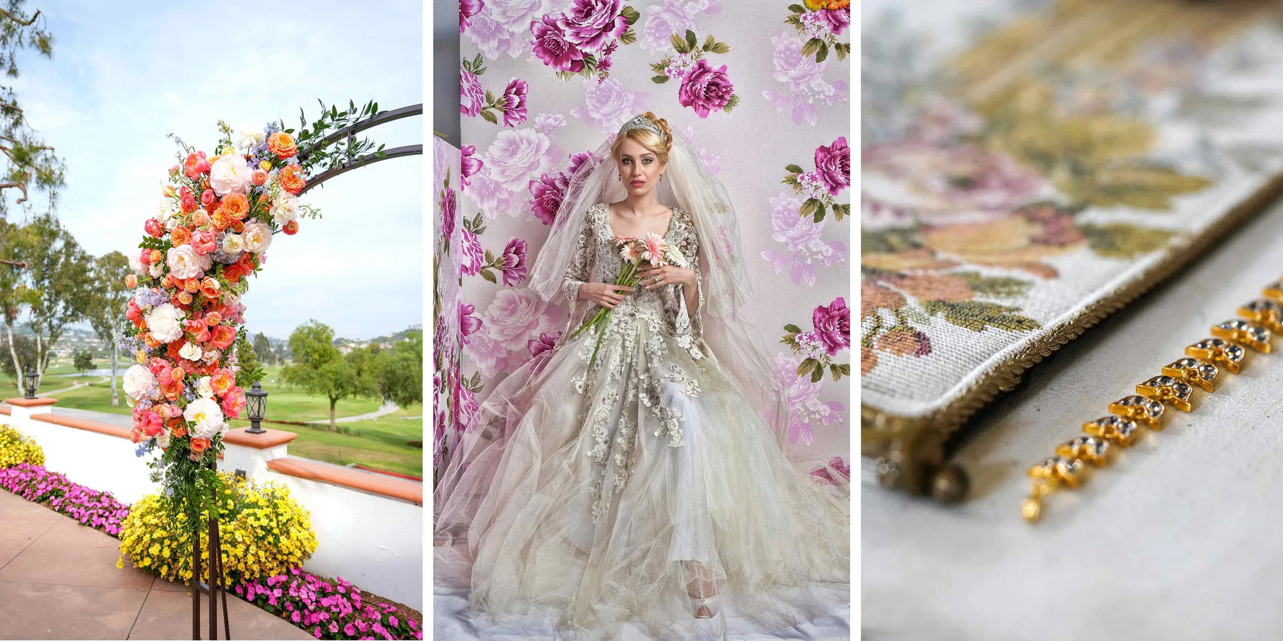 A three-part image showing wedding details: a floral arch with orange and blue flowers, a bride in an ornate wedding dress, and close-up jewelry and accessories.
