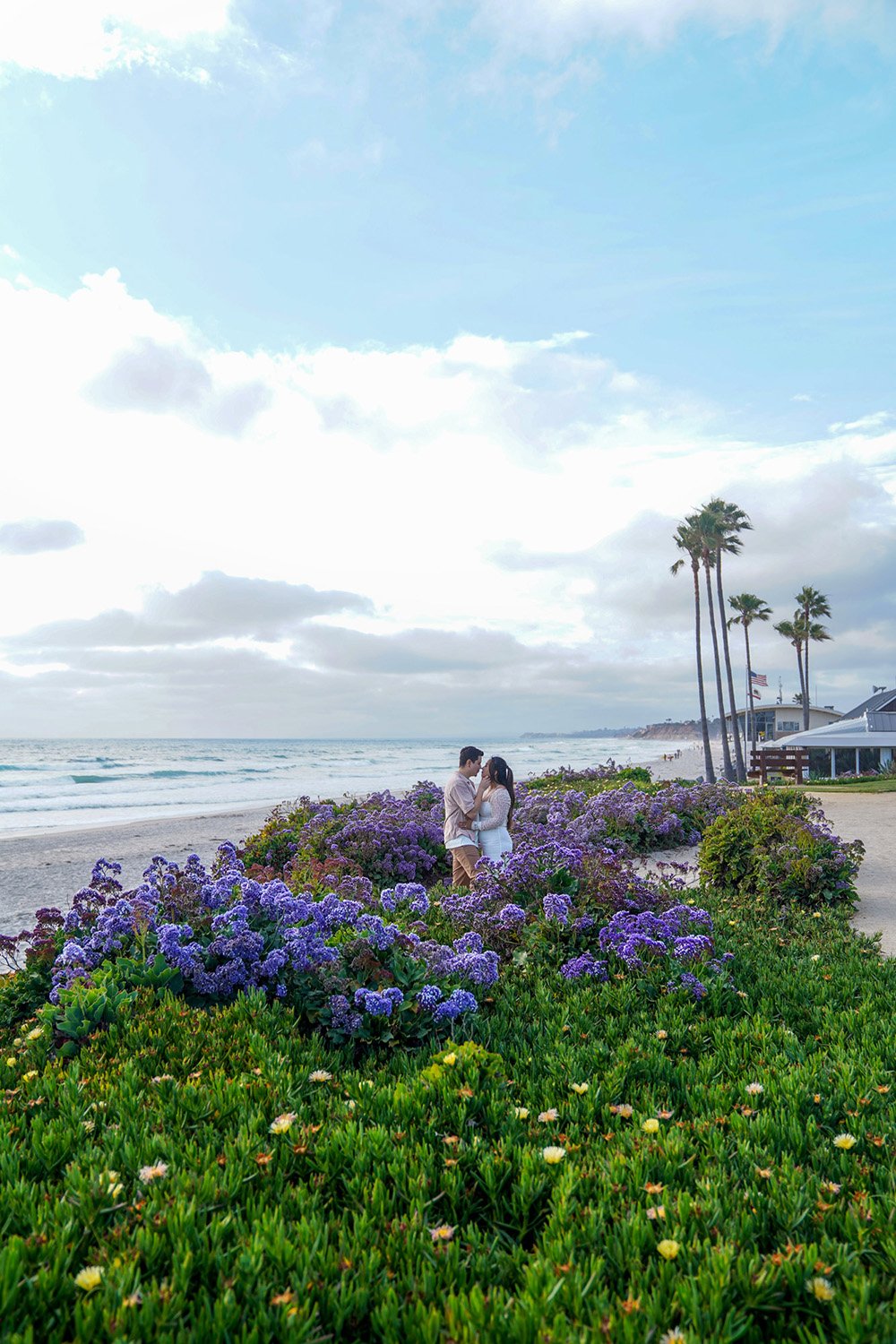 A full-length outdoor photograph of a couple embracing amidst dense purple and green flowering plants on a grassy area in Del Mar overlooking a beach and the ocean. Tall palm trees are visible on the right, with a building in the background under a c