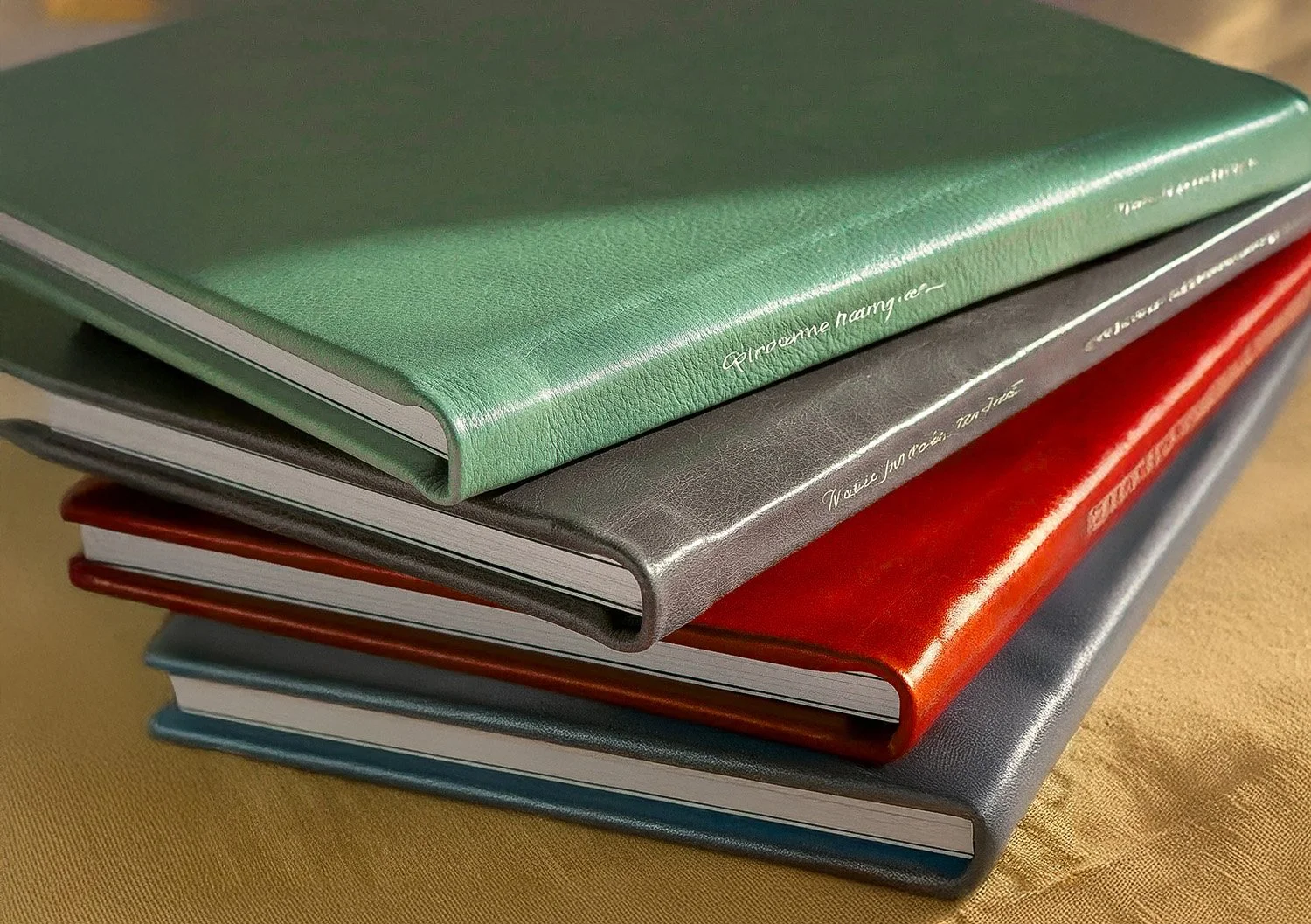 Stack of five hardcover notebooks in green, gray, red, and blue colors on a yellow surface.