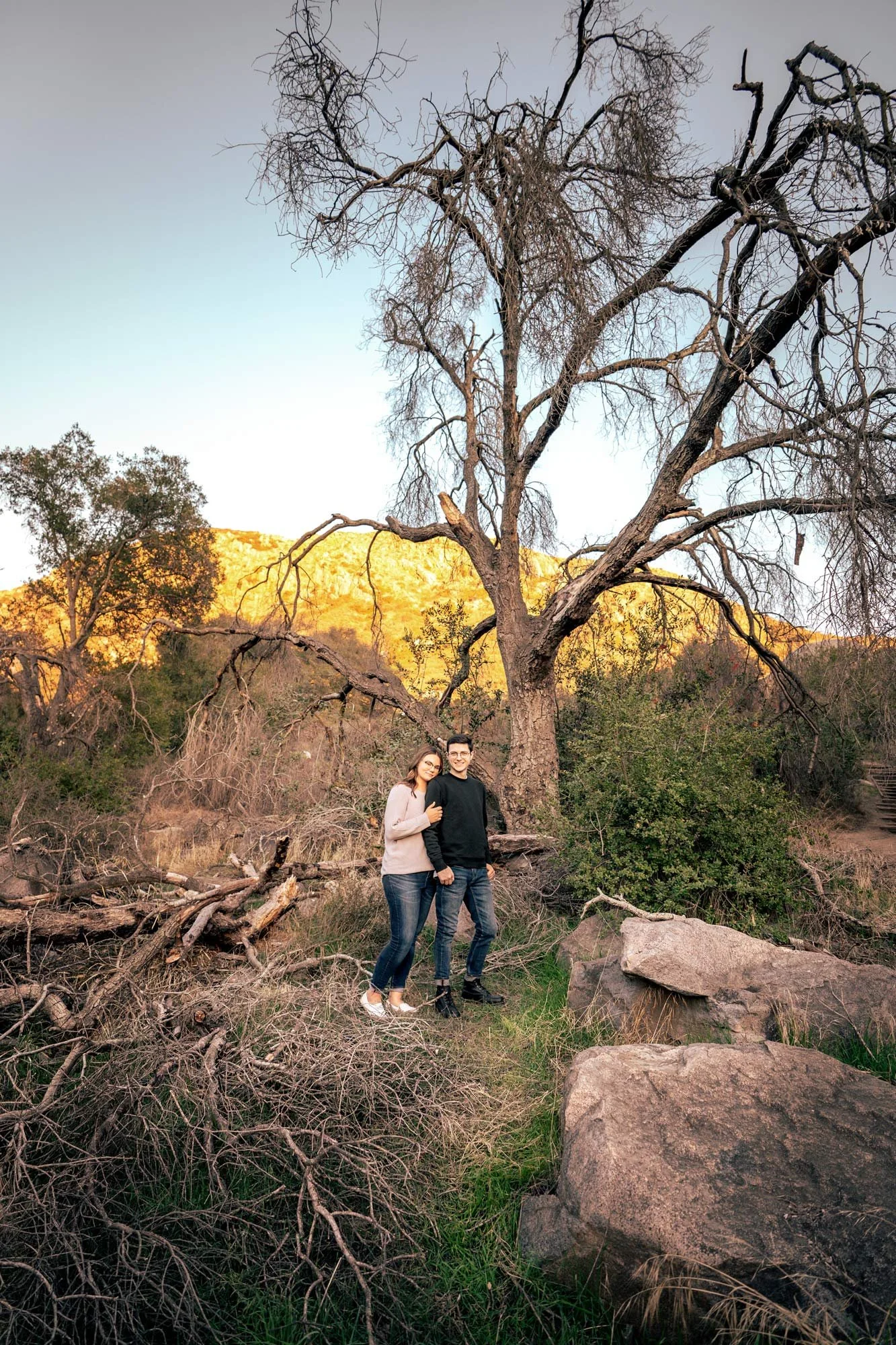 A young couple stands close together in a rocky outdoor area with a large bare tree behind them and a mountain in the background during sunset.