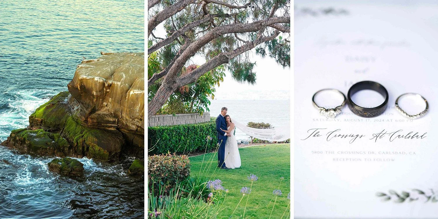 Left photo: A close-up view of rugged, moss-covered coastal rocks meeting the churning, deep blue-green waters of the ocean.
Center photo: A bride and groom share an intimate moment under the overhanging branches of a large, leafy tree. The couple st