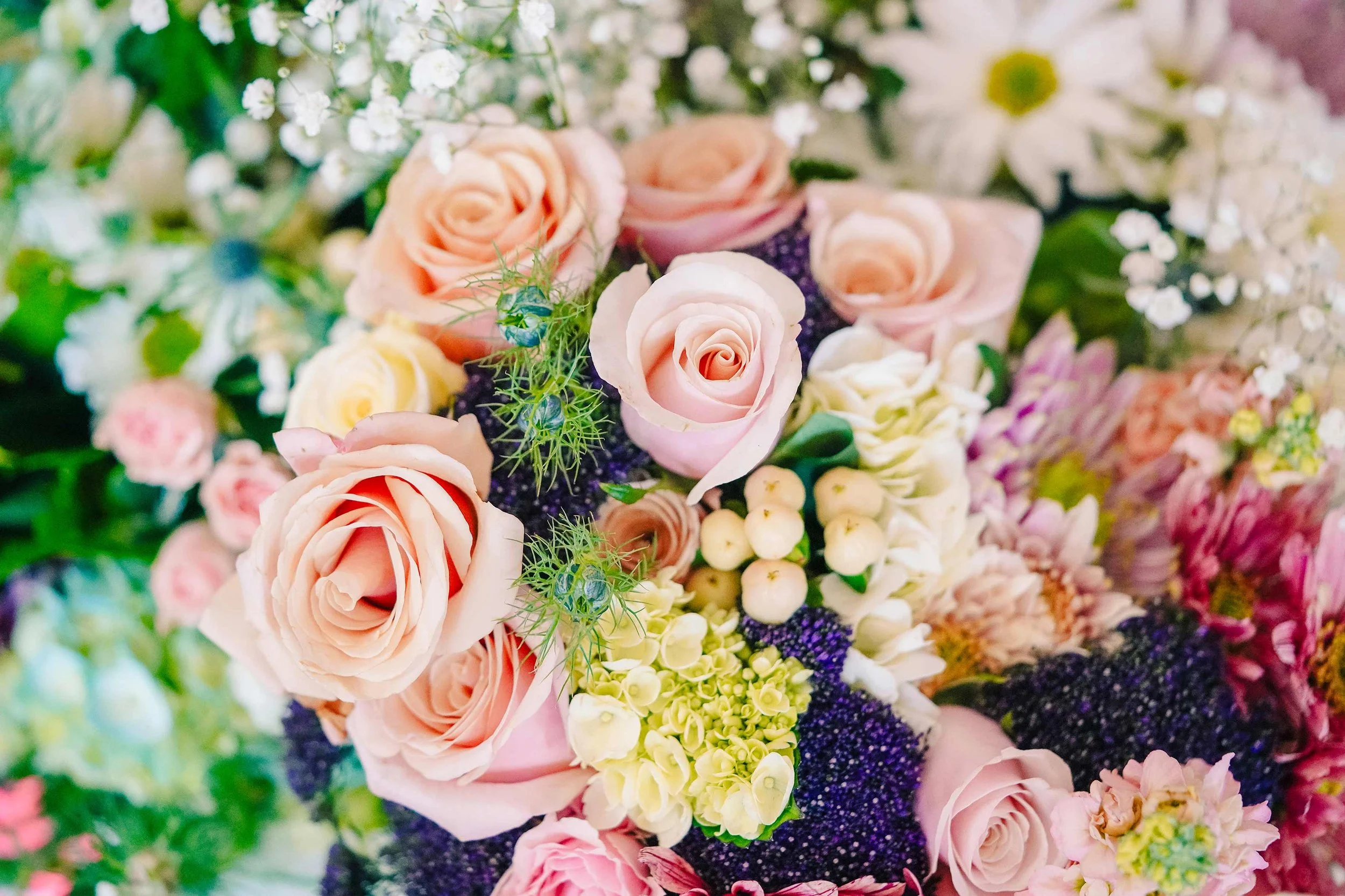 A detailed close-up shot of a vibrant, mixed floral bouquet featuring light pink and cream roses, white baby's breath and daisies, dark purple filler, and bright green floral accents.


