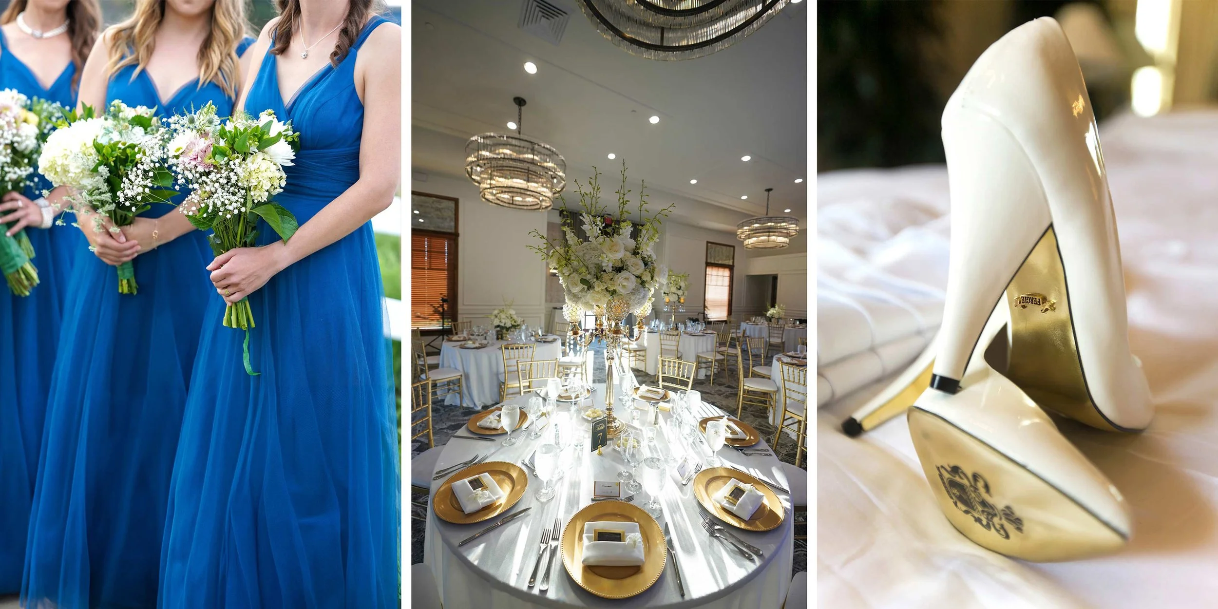 A three-panel image: bridesmaids in blue dresses with bouquets, a wedding reception table setting with gold chargers, and white high-heeled bridal shoes.
