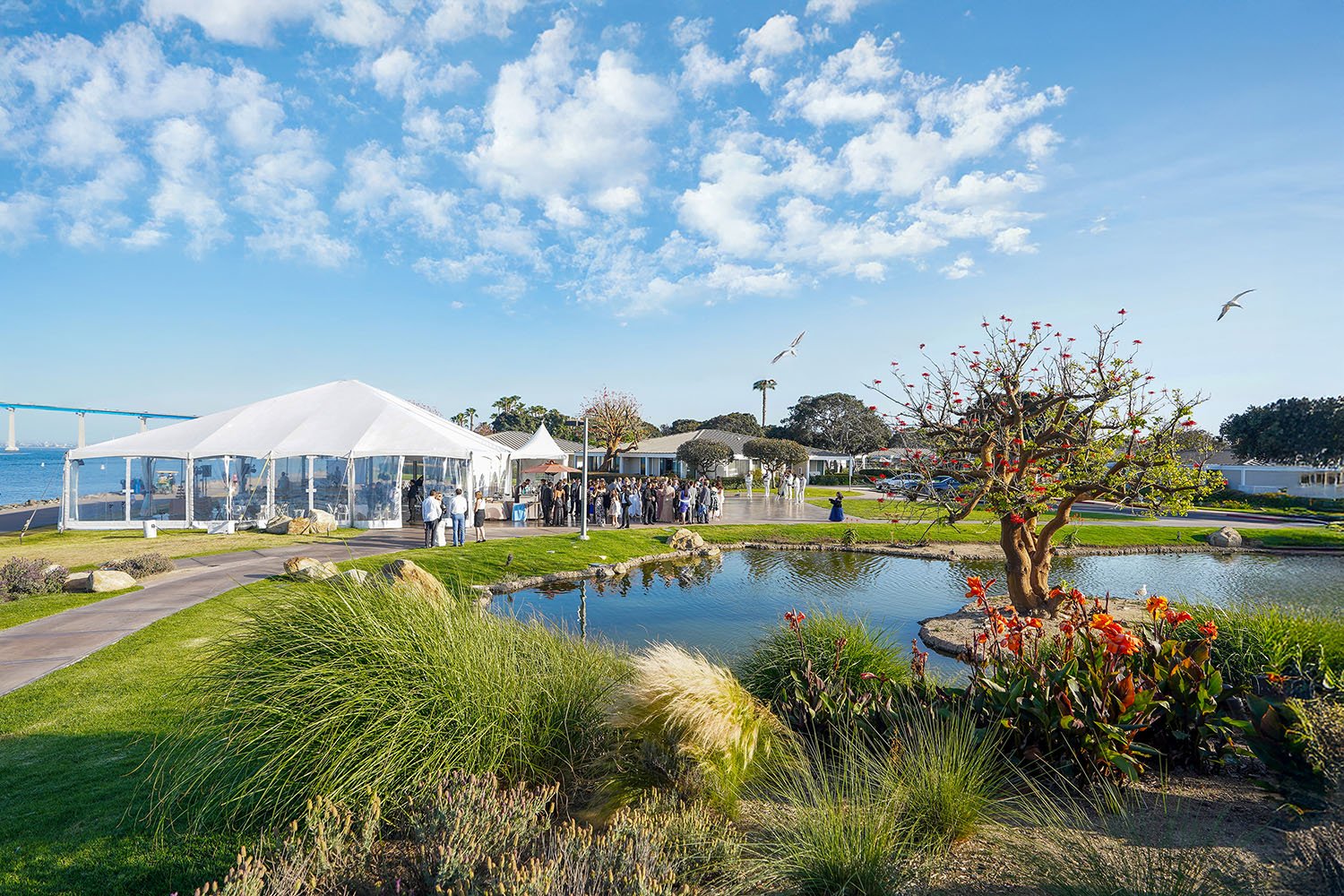 An elevated, daytime view of a waterfront event venue in the Coronado area of San Diego, featuring a large white event tent with clear side walls and a small pond in the foreground, a group of people gathered near a building, lush landscaping with a 
