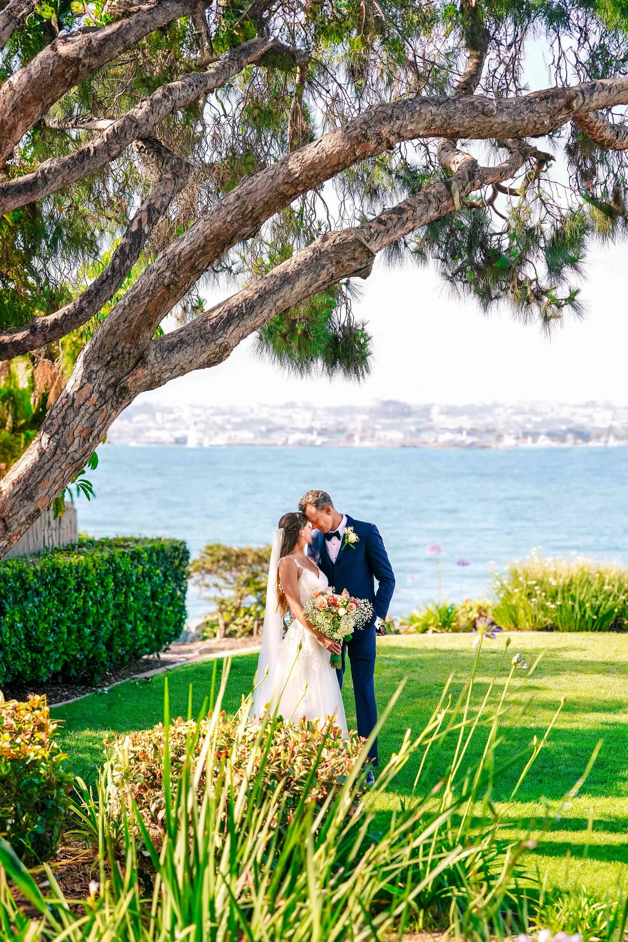 A bride in a white gown and a groom in a navy blue tuxedo stand forehead to forehead under the shade of a large tree, on a green lawn overlooking the water, in the San Diego city skyline.