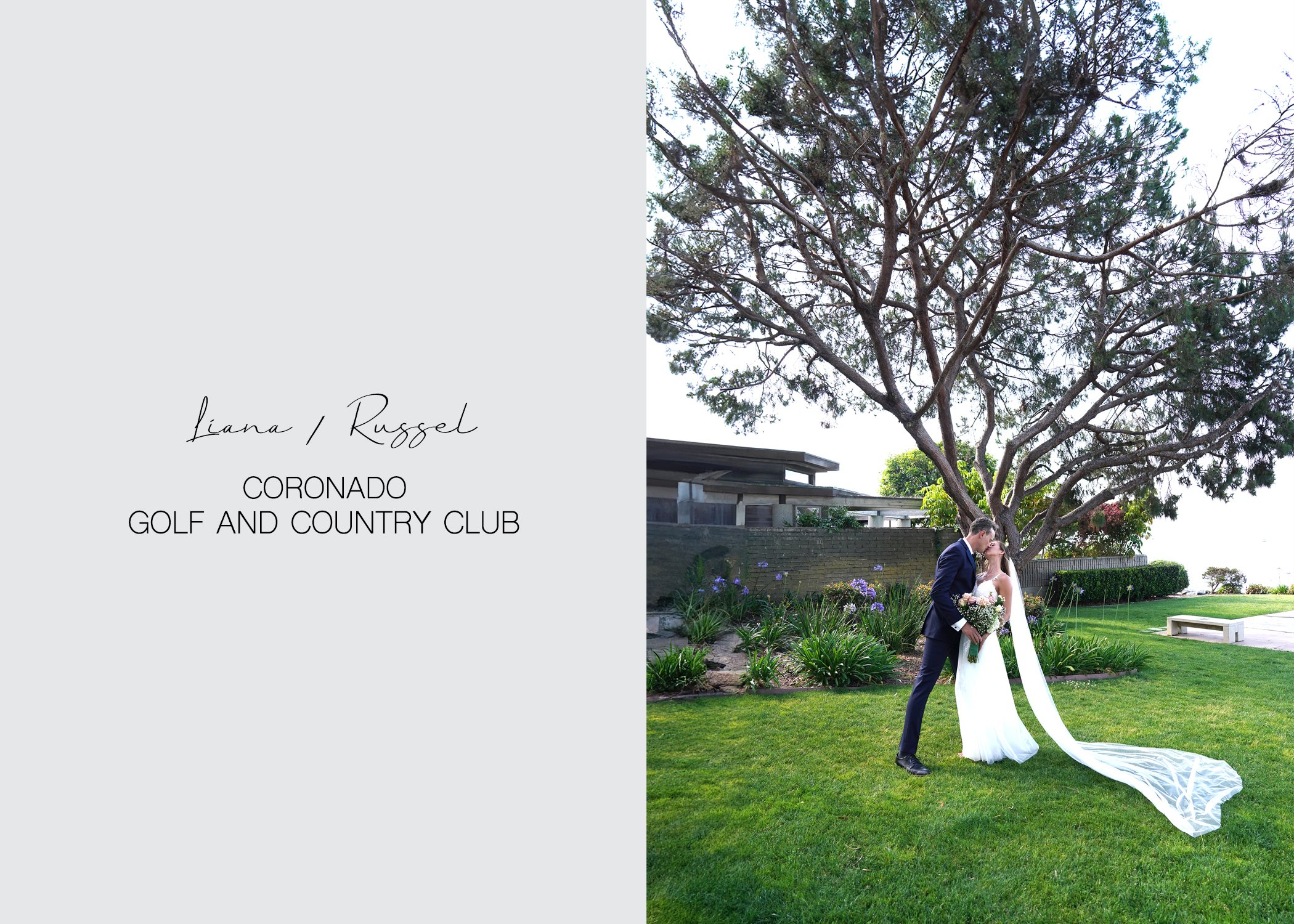 A newly married couple shares a tender kiss under the expansive canopy of a large, mature tree, likely an Italian Stone Pine known for its distinctive flat-topped shape, in a lush green garden setting, San Diego.