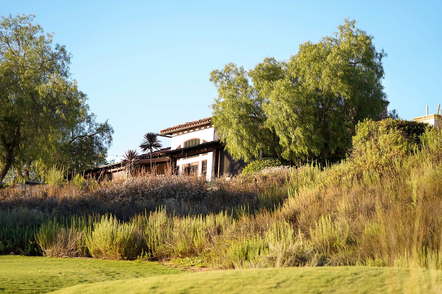 An elevated, daytime view of a Spanish Colonial or Tuscan-style building with white stucco walls and a red tile roof, situated on a scrub-covered hill overlooking a green lawn, surrounded by large trees and a clear blue sky.