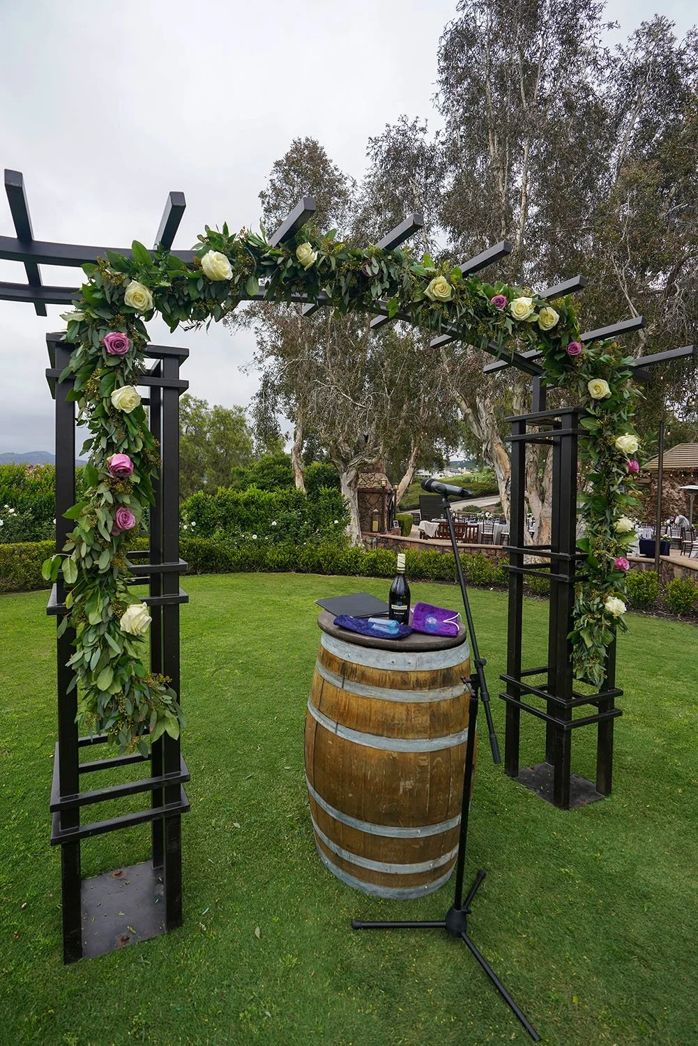 The blue, curved San Diego-Coronado Bridge spanning the bay, viewed from a grassy shoreline with rocks and small waves under an overcast sky, with the San Diego skyline in the distance. 