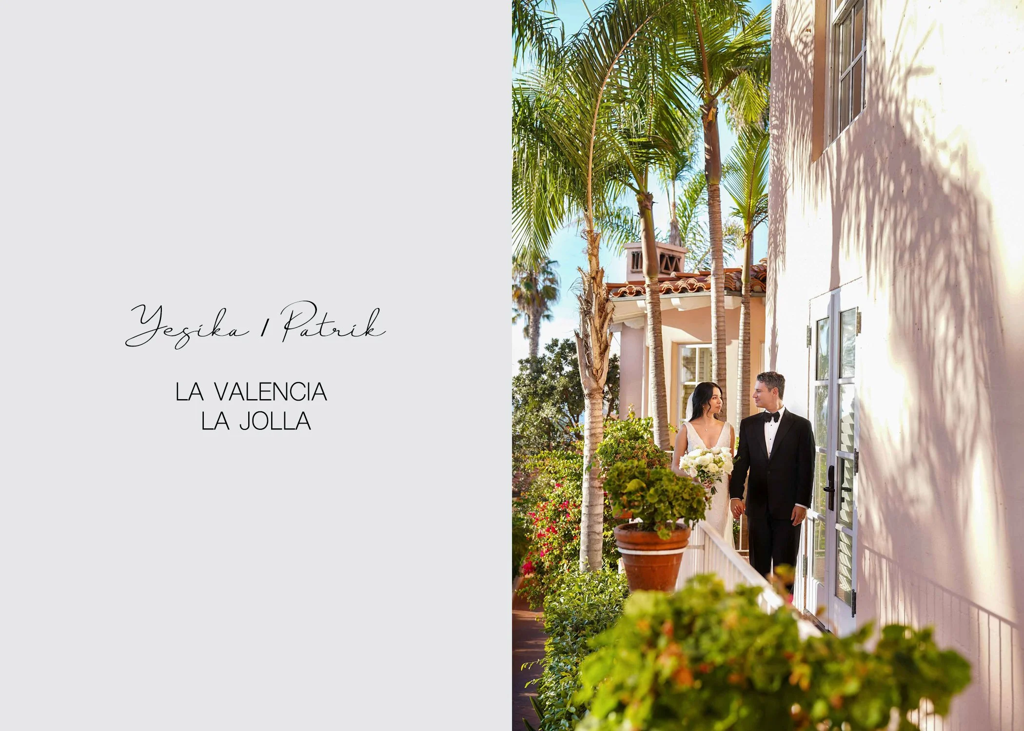 A newly married couple is captured in a romantic portrait as they hold hands and walk along a balcony in a stunning Mediterranean-style setting at Hotel La Valencia, La Jolla.
