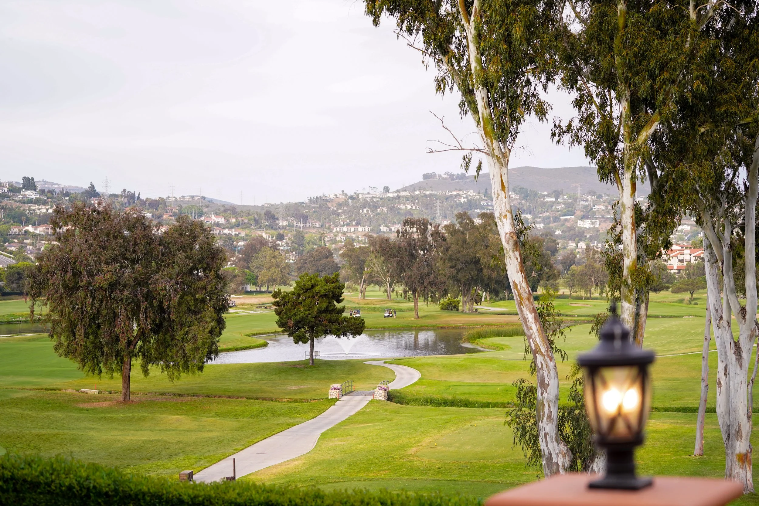 An elevated view of a lush green golf course landscape featuring a pond with a fountain, a paved cart path, tall eucalyptus trees, and rolling hills with residential homes in the background under an overcast sky.
