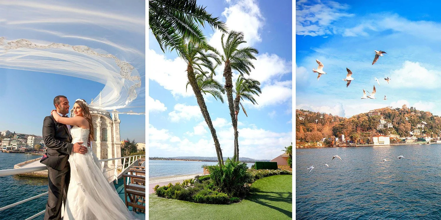 Left photo: A bride and groom embrace on a boardwalk near the water. The bride is in a classic white strapless wedding gown with her veil caught in a dramatic, sweeping gust of wind above them. The ornate stone architecture of a historical building, 