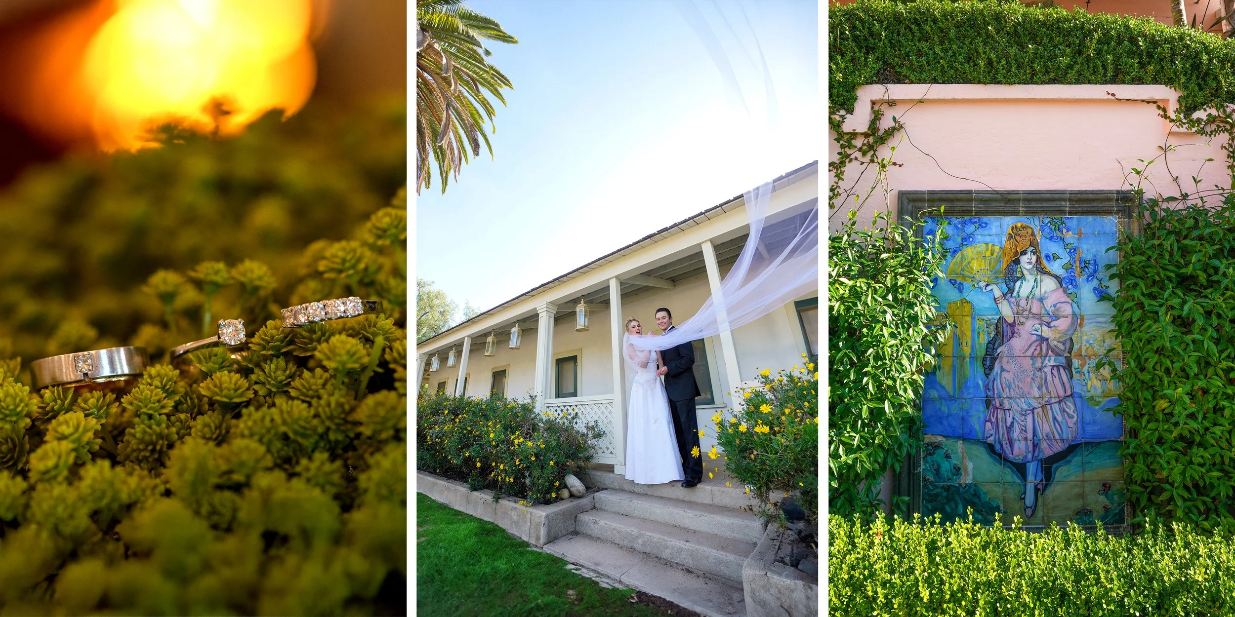 A three-panel image: a wedding band and engagement ring on green moss, a bride and groom on the steps of a ranch house, and a colorful tile mural on a pink wall covered in ivy.
