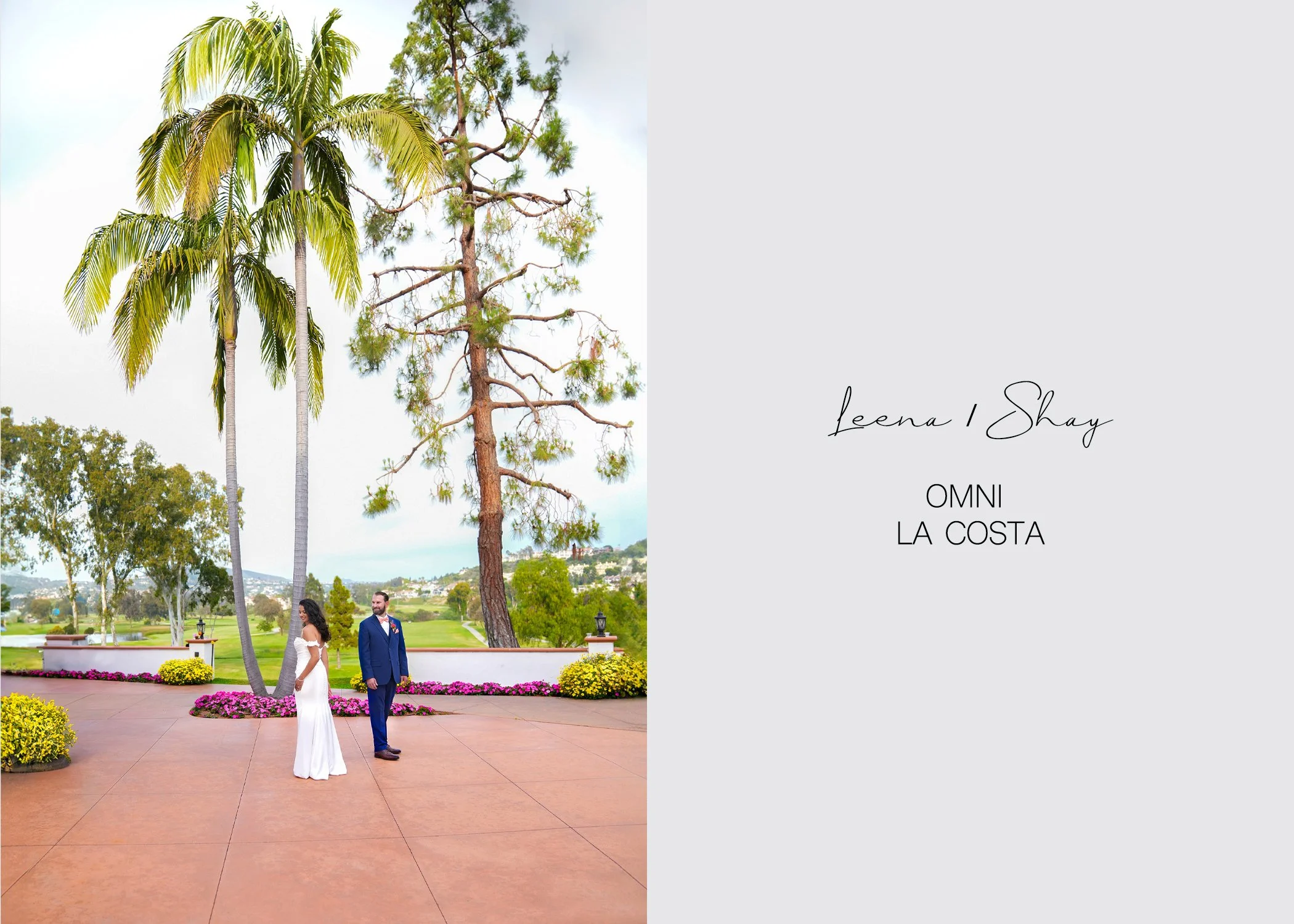 A newly married couple poses for a wedding portrait on an outdoor terrace with a scenic view. The setting, the Omni La Costa Resort & Spa in Carlsbad, California, features tall palm trees and a backdrop of rolling green hills.
