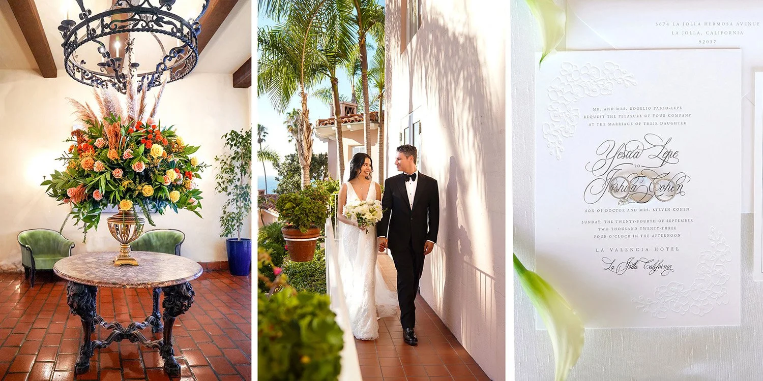 The first photograph on the left showcases a grand, colorful floral arrangement in a gold pedestal urn, placed on a circular marble table with ornate black legs. The arrangement is filled with orange and yellow roses, greenery, and tall pampas grass.