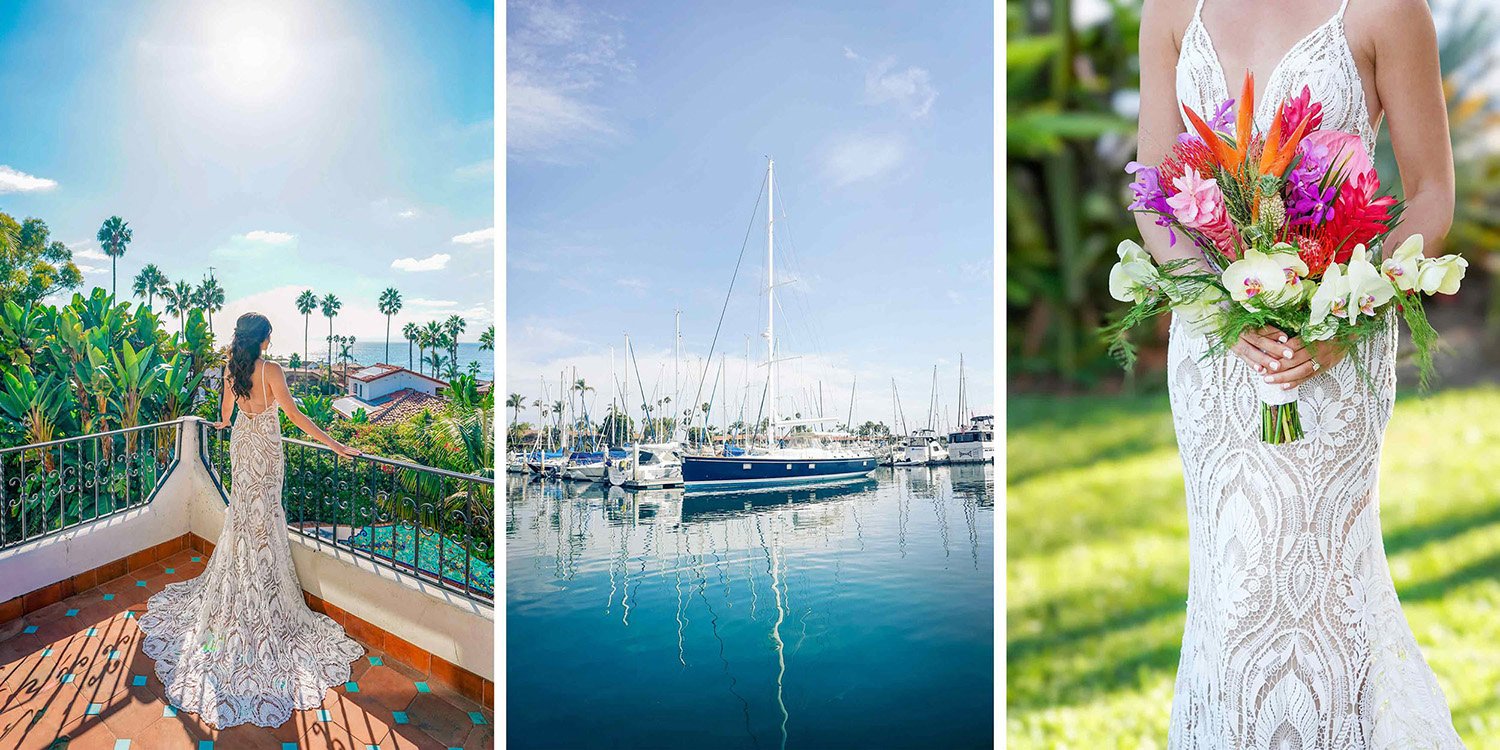 Left photo: A bride, viewed from behind, stands on a sun-drenched balcony with a white railing and patterned tile floor. She wears a form-fitting Willowby by Watters Bonnie wedding dress with an intricate white lace overlay and a sweeping train. The 
