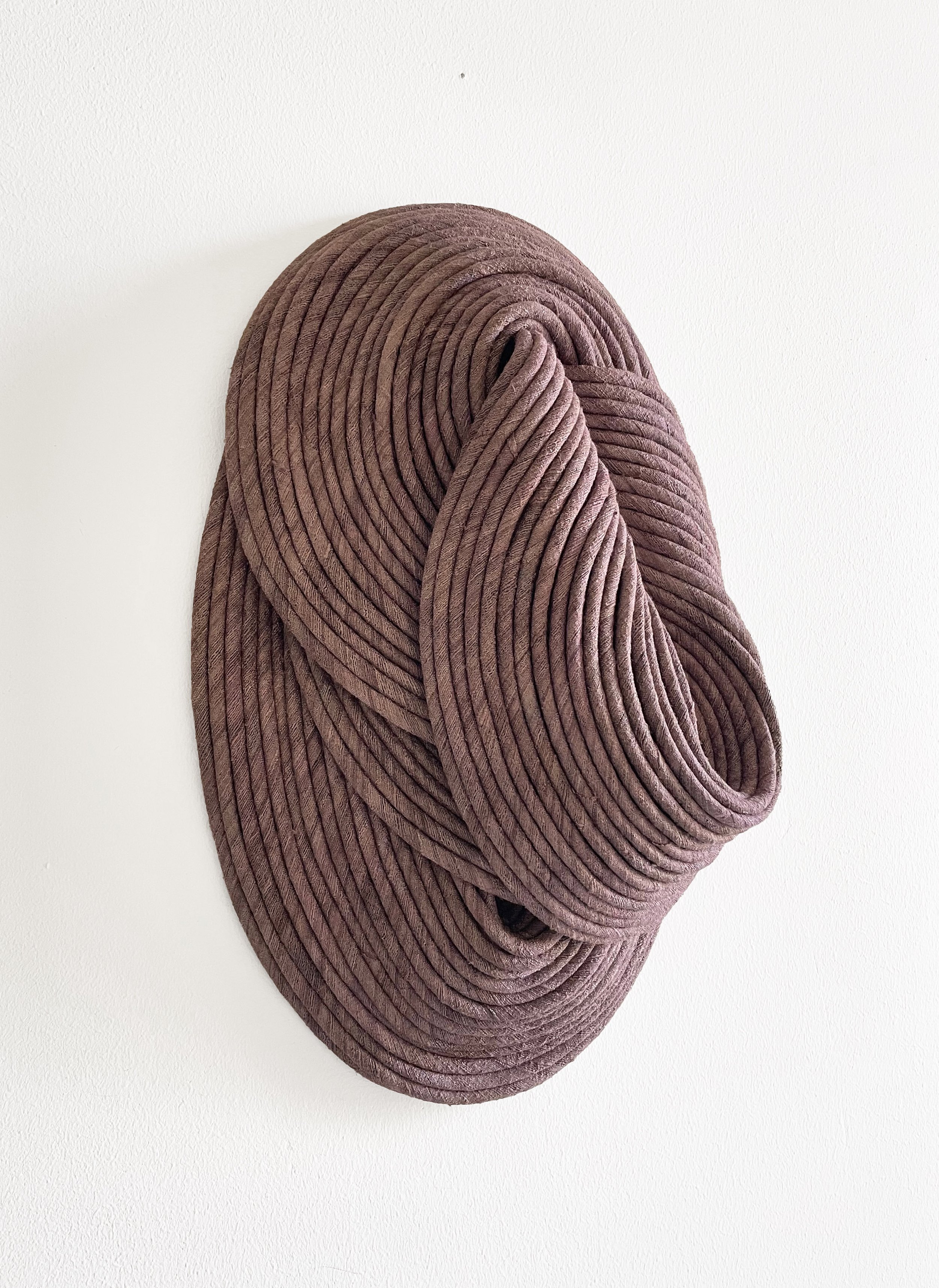 Textured sculpture made of woody brown, ribbed material, shaped into an abstract, flowing form mounted on a white wall.