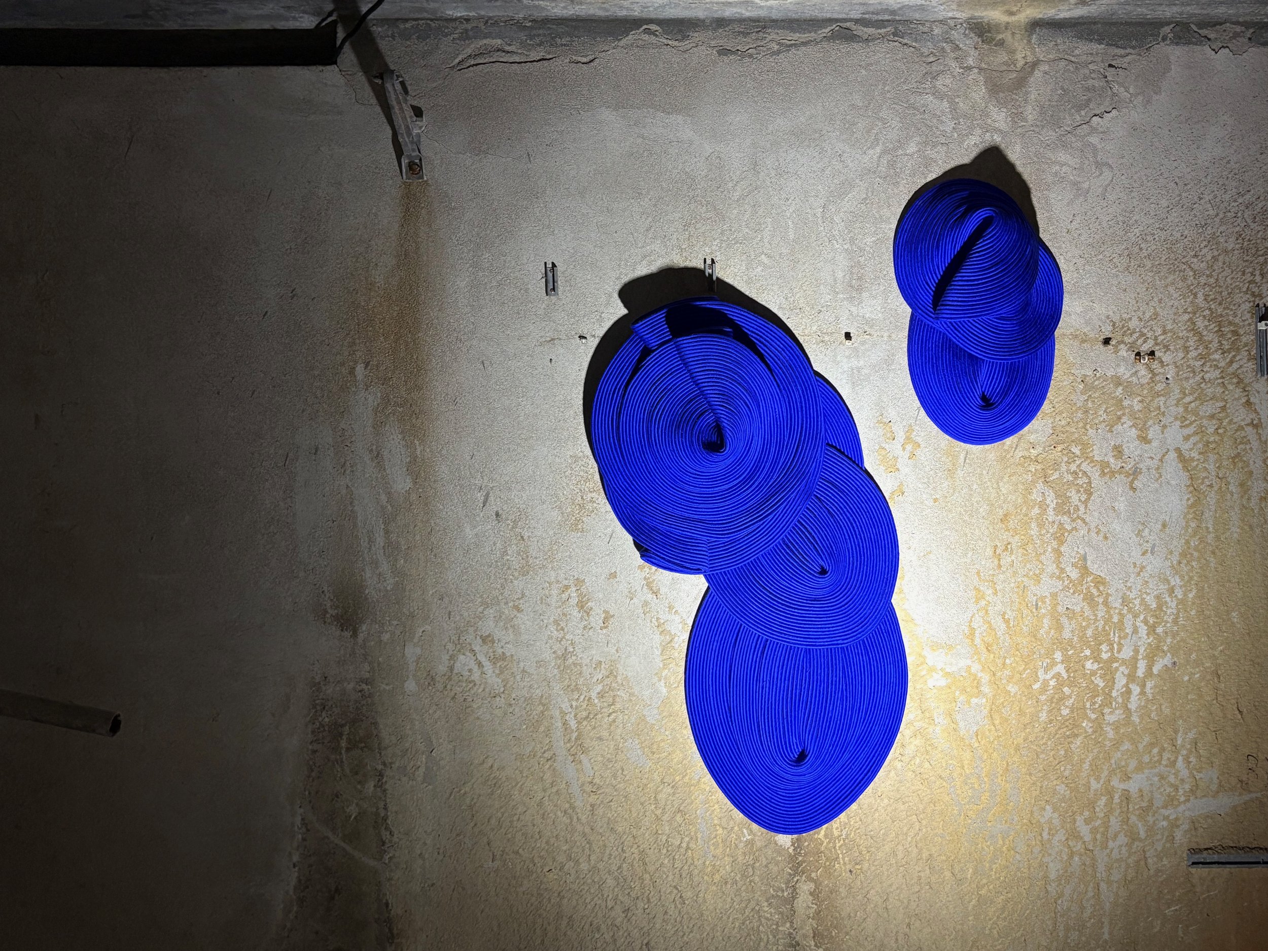 Blue coiled LED light strips on a wall.