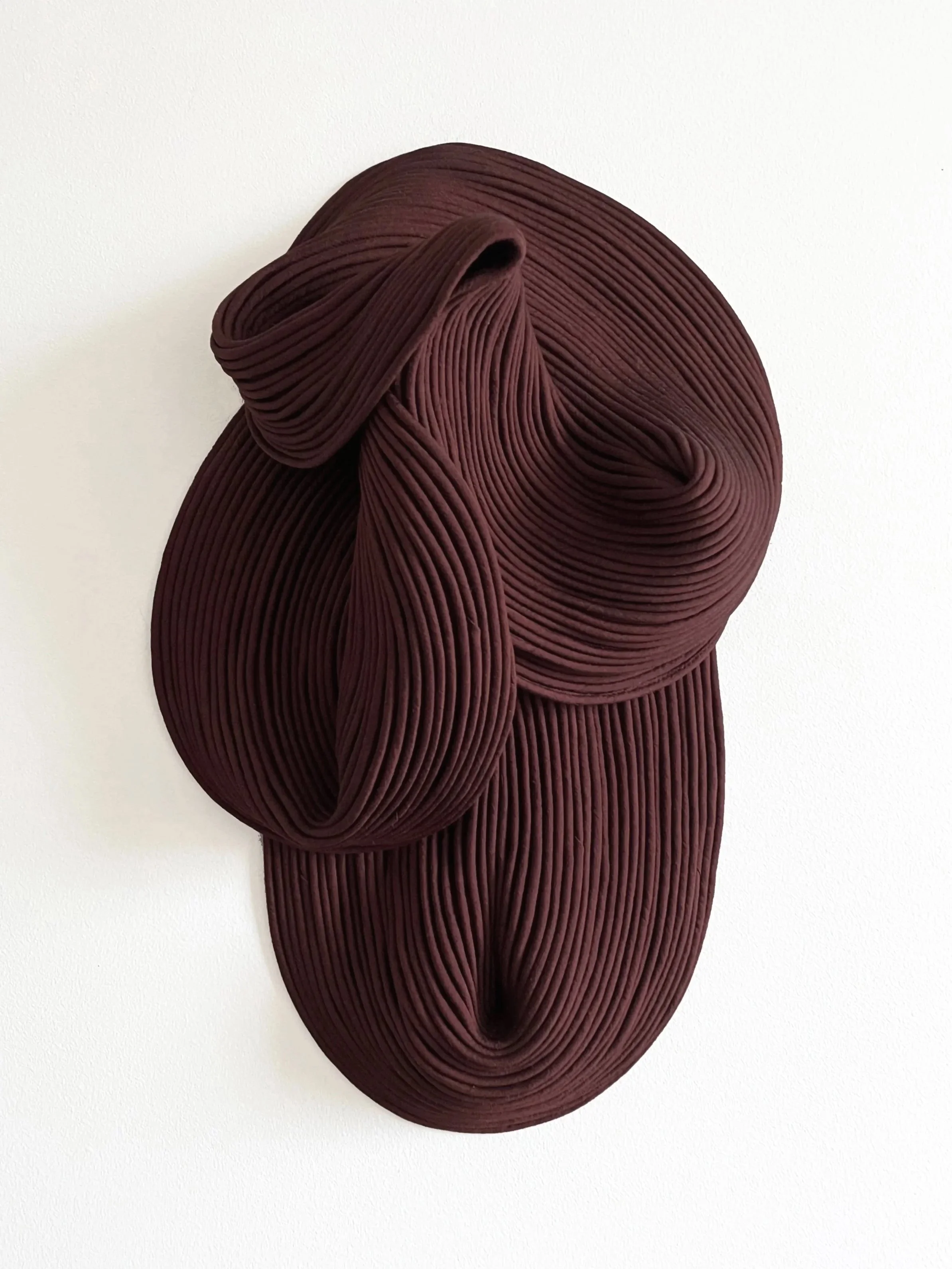 Abstract 3D wall sculpture made of maroon-colored, layered, and curved plastic strips forming a flowing, organic shape.