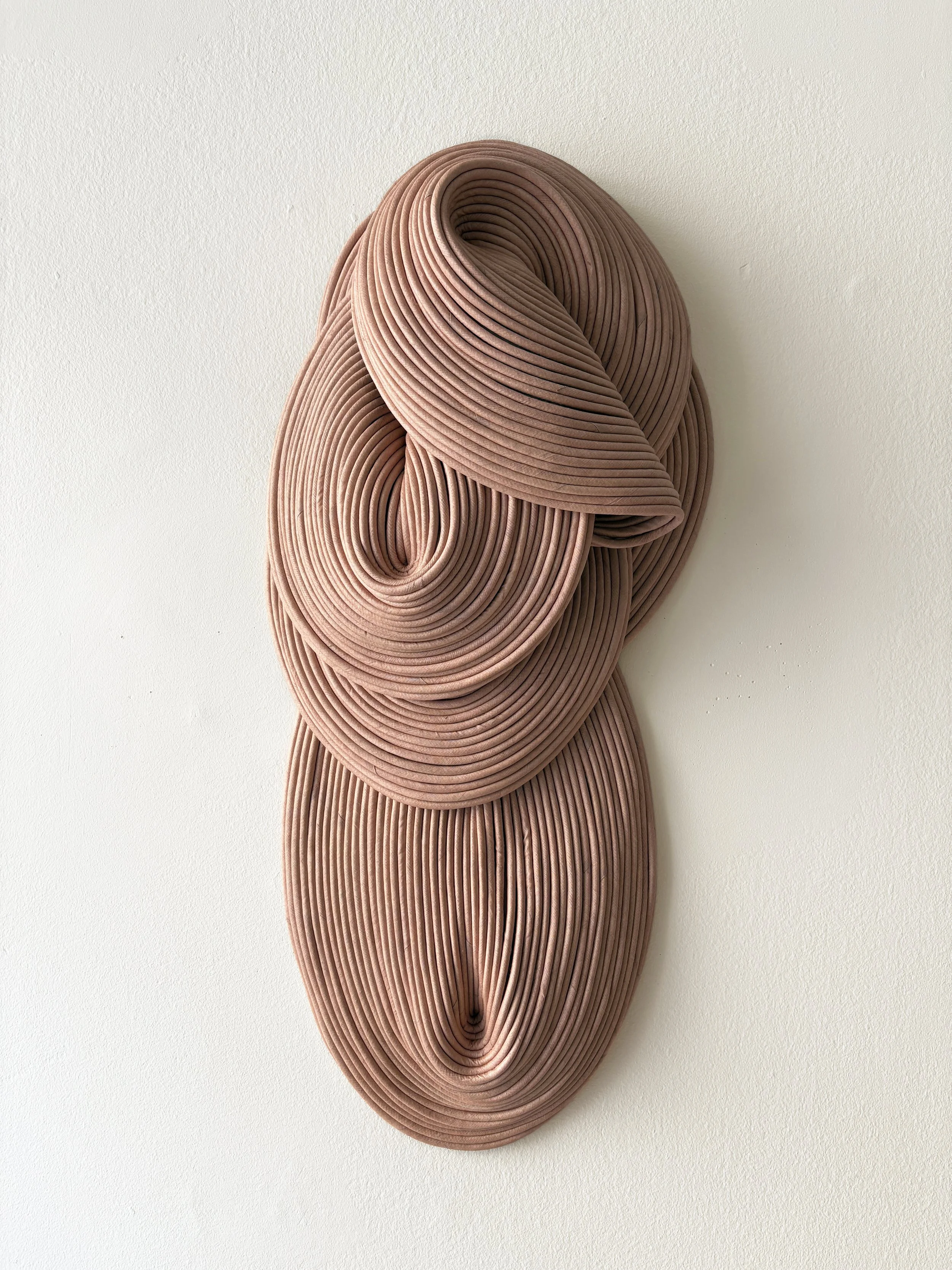 Abstract art piece made of coiled, terracotta-colored rubber tubes arranged in an intricate pattern on a plain white background.