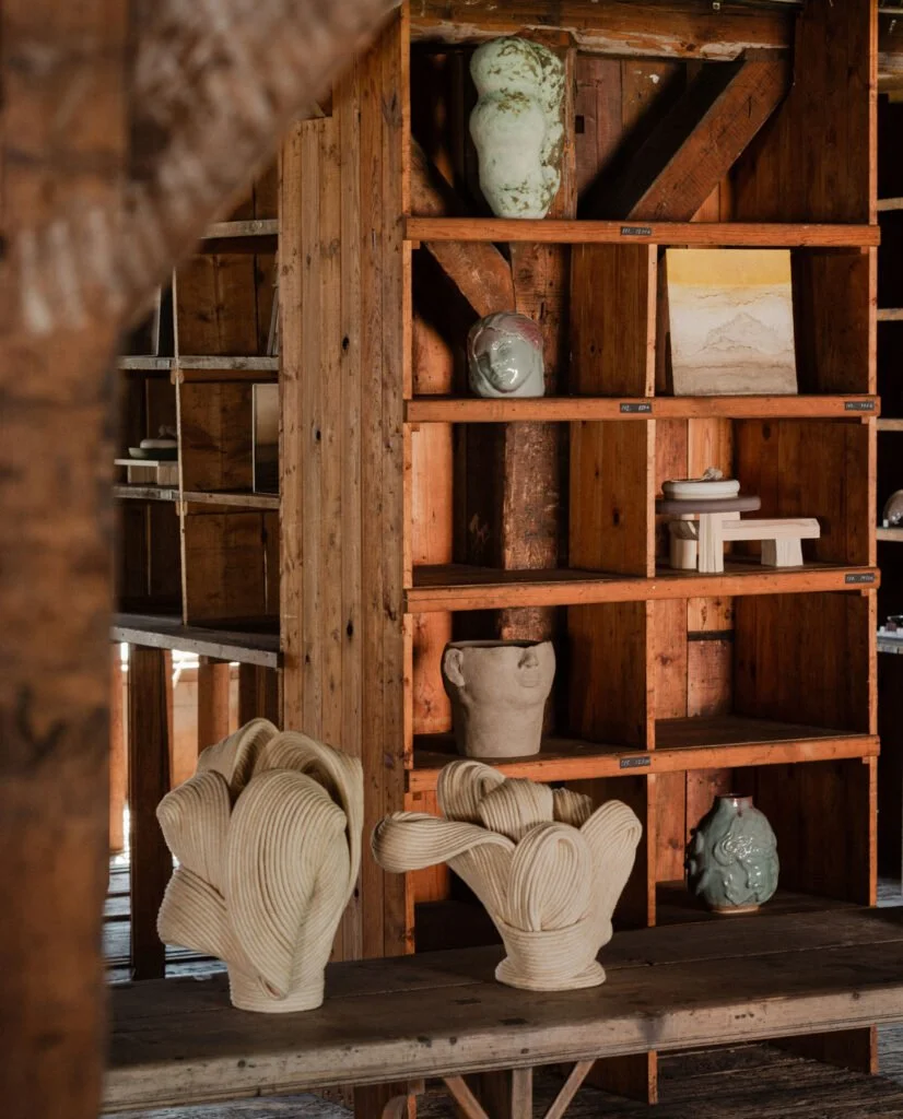 Wooden shelves holding various ceramic and pottery pieces, including vases and bowls, in a rustic setting.