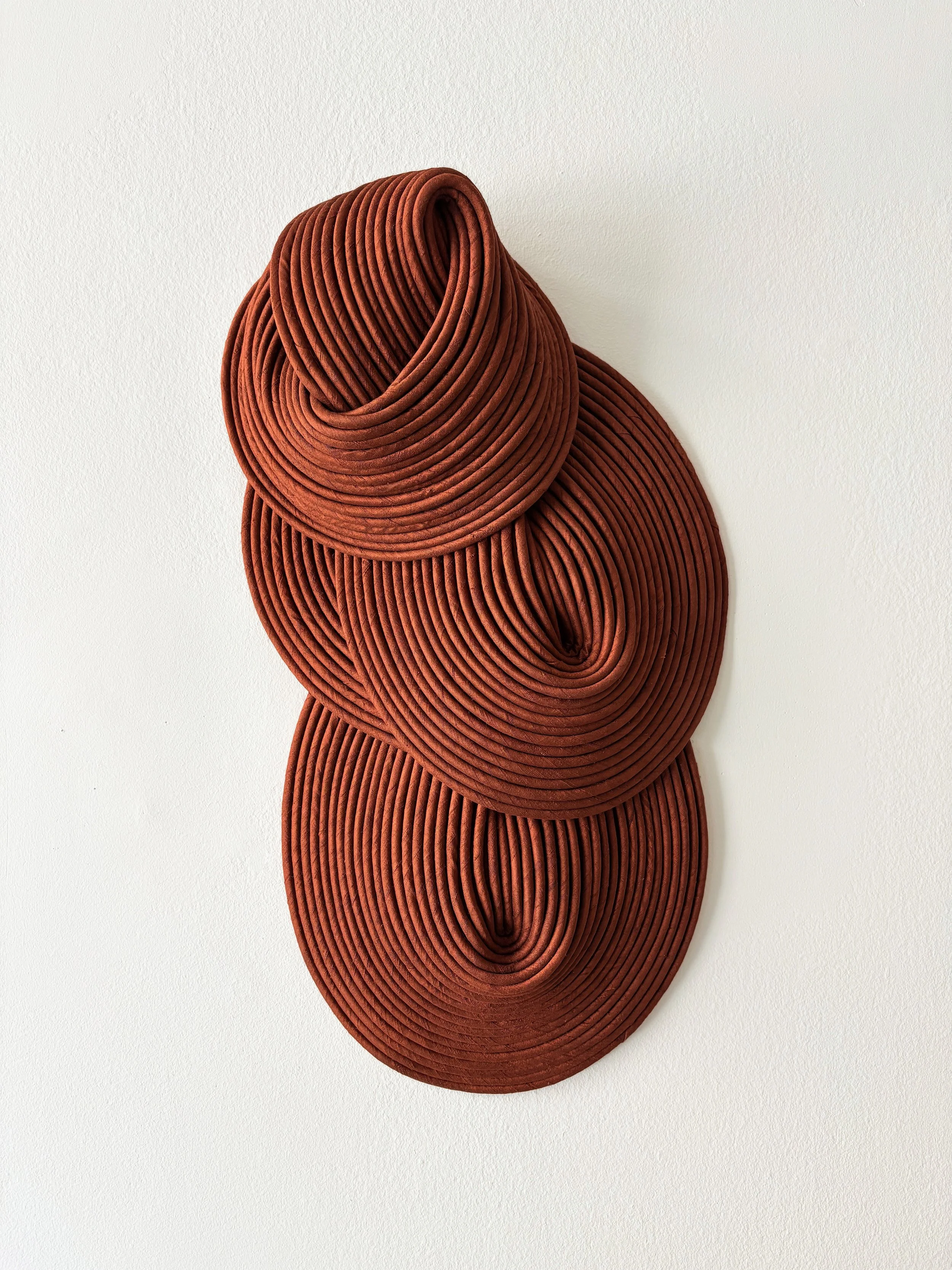 A contemporary art sculpture made of stacked orange-brown rubber or silicone tubes, forming an abstract, curvilinear shape on a white textured wall background.