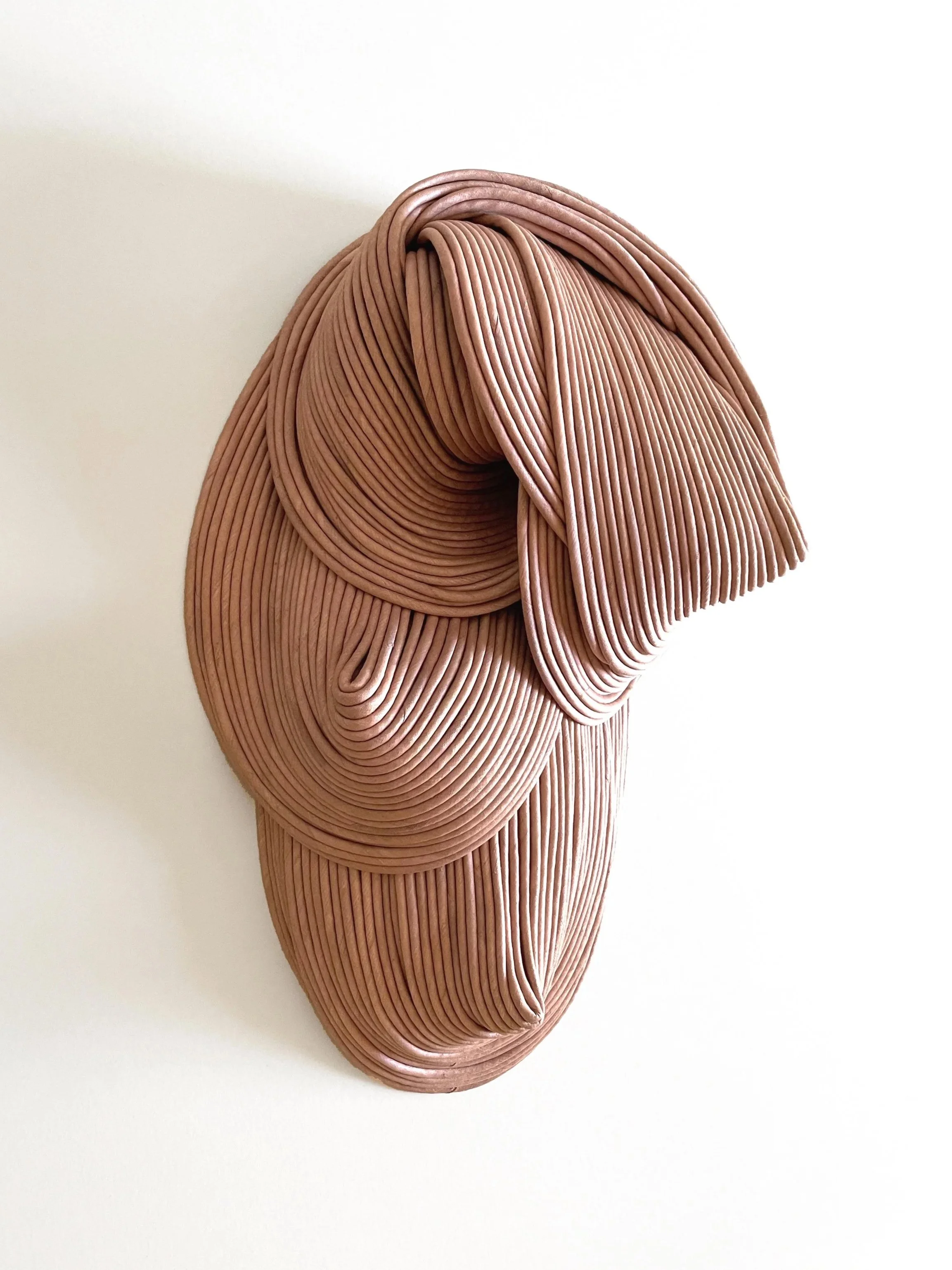 Abstract sculpture made of continuous pinkish-brown plastic or rubber tubing, shaped into smooth, flowing curves on a white background.