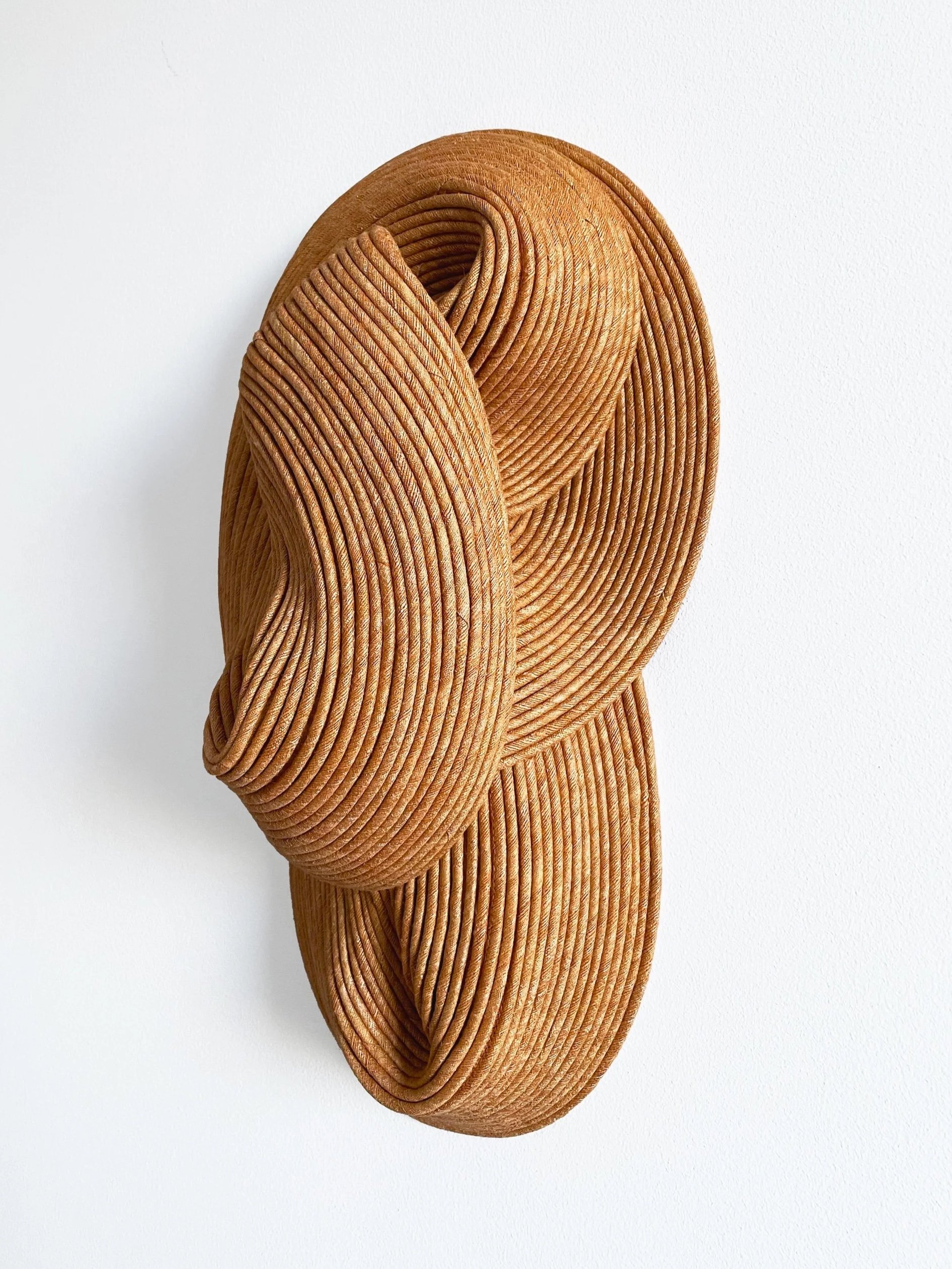 A sculptural artwork made from layered, curved wooden slats arranged in an abstract, flowing form mounted on a plain white wall.