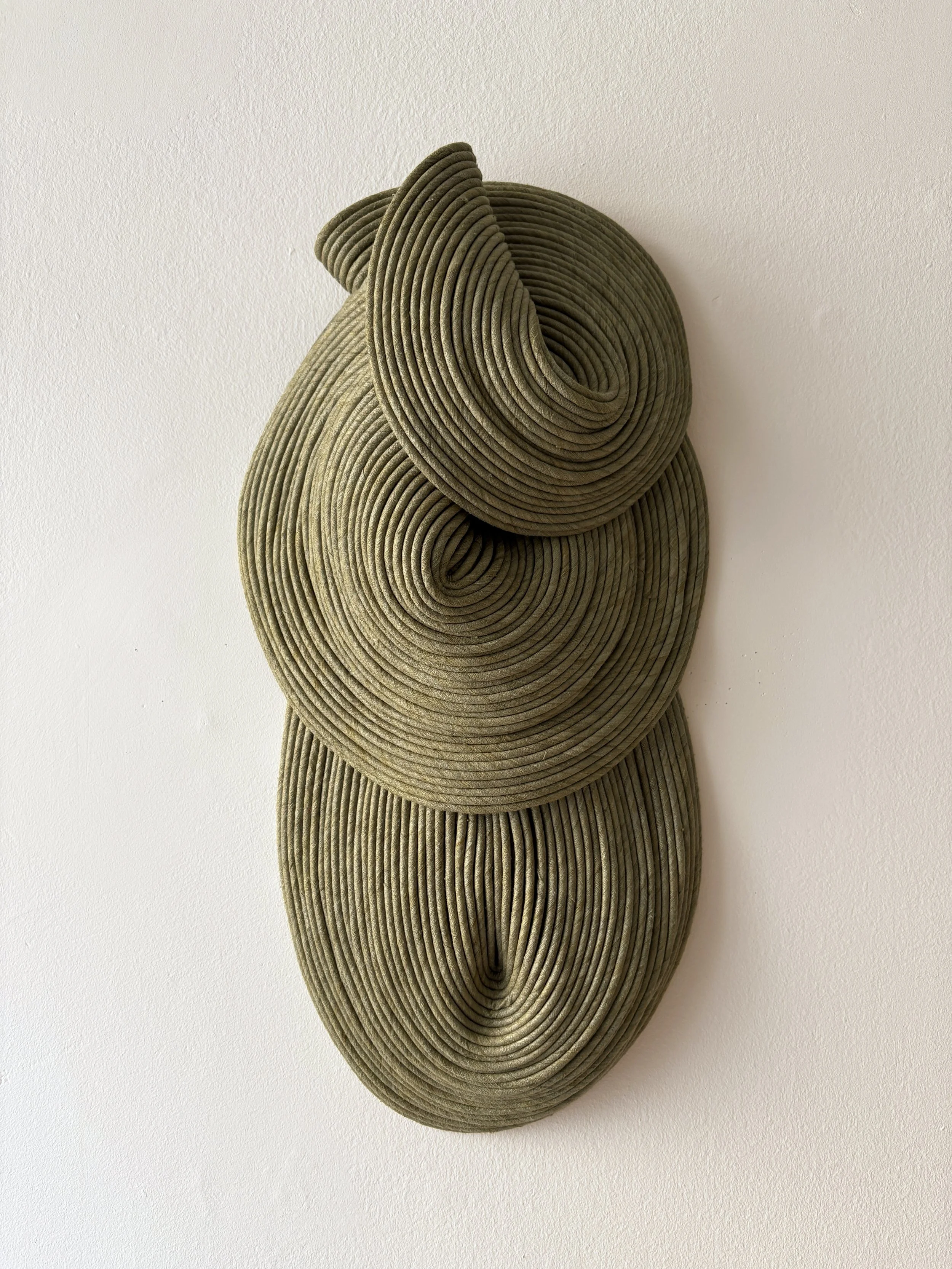 Sculpture made of coiled, olive-green cords on a wall.