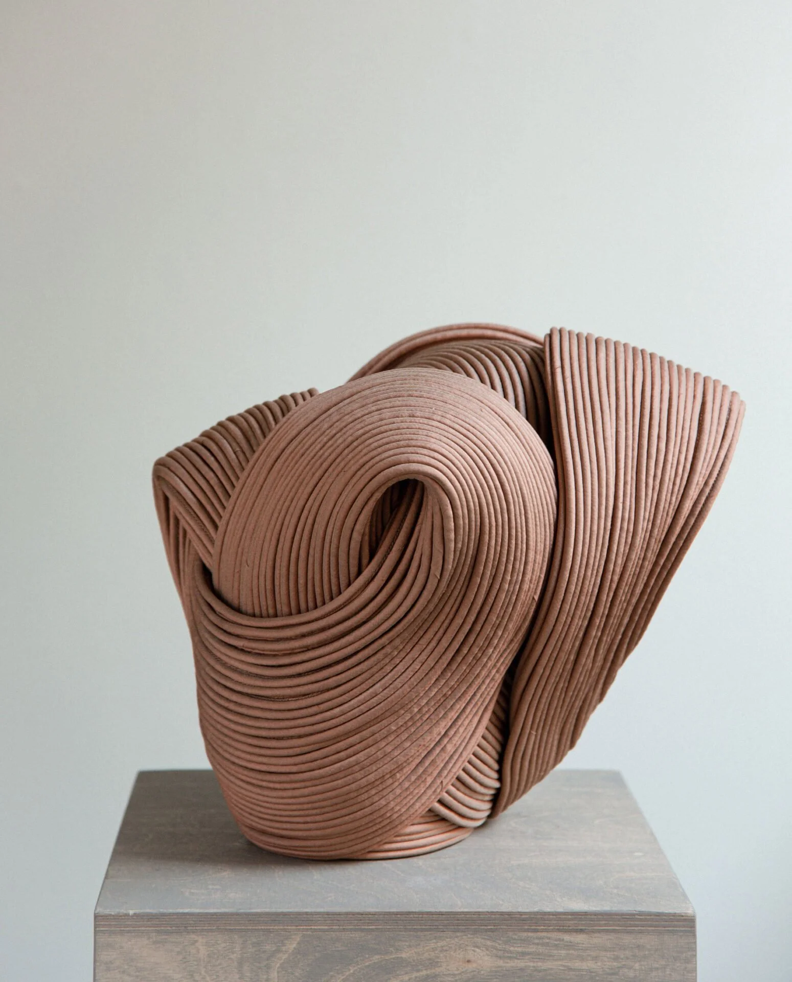 Abstract sculpture made of continuous, smooth, pinkish-brown, tubular lines forming a complex, flowing shape, placed on a wooden pedestal.