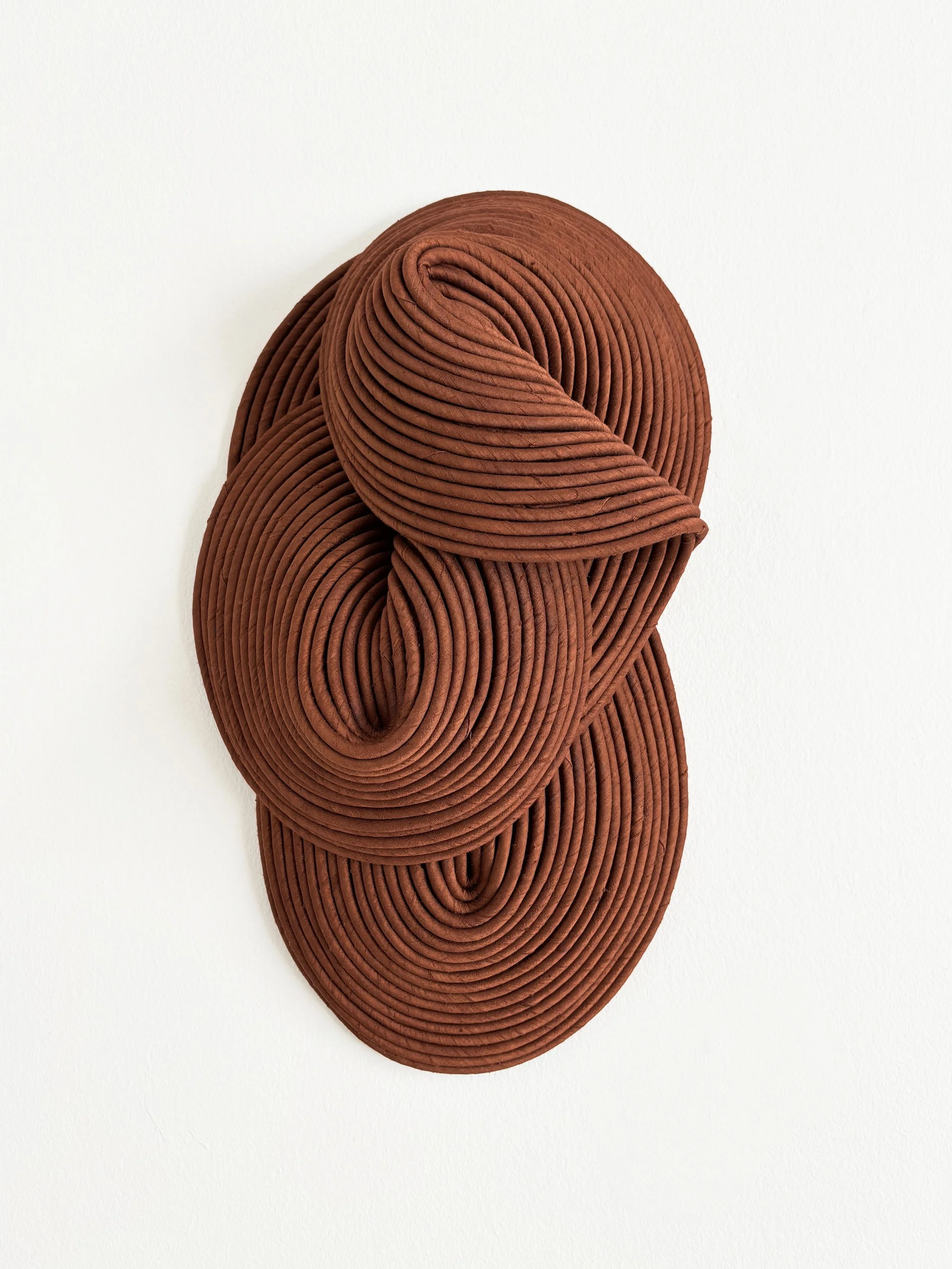 A sculpture made of coiled, rust-colored material resembling fabric or cord, mounted on a white wall.