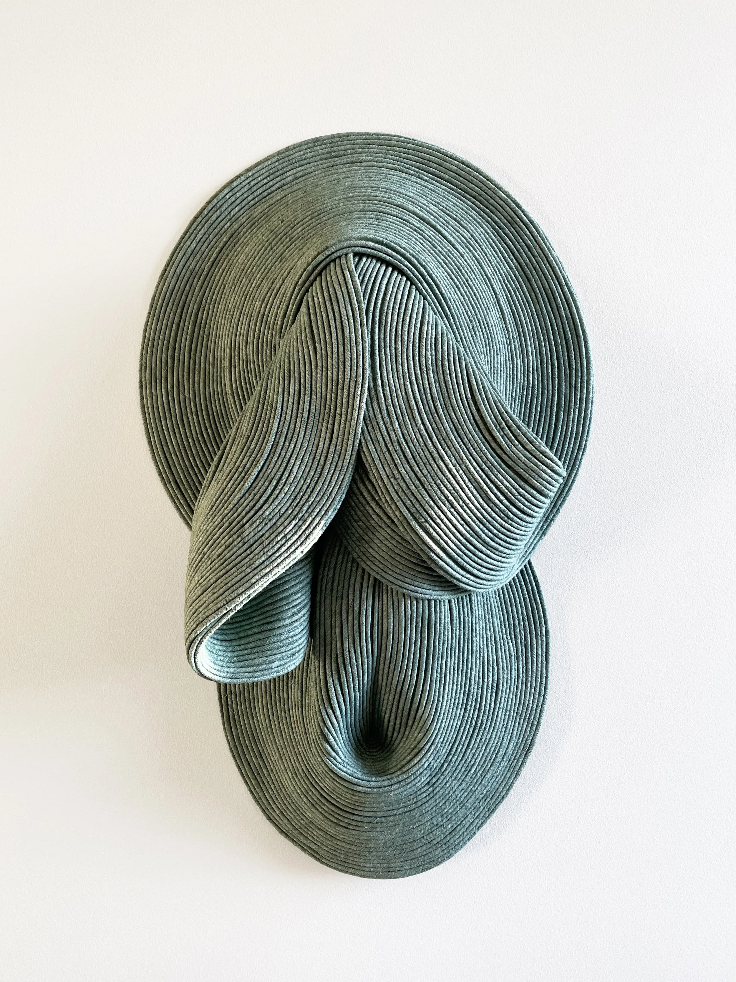 Abstract wall sculpture made of layered, curved strips forming an organic, flowing shape against a white background.