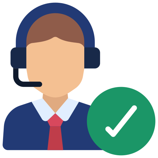 Icon of a customer support agent with a headset and a checkmark indicating a successful support or communication.